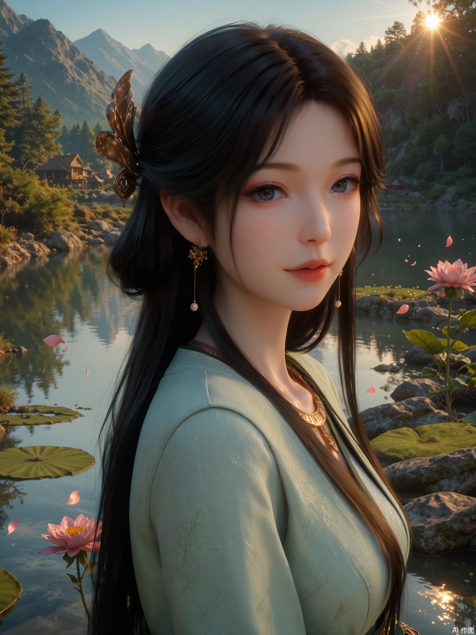 score_9,score_8_up,score_7_up,1girl,looking_at_viewer,realistic,1girl,Vivid Colors,bright environment,bright sunshine,backlighting,light,lake,delicate water surface,shiny skin,shiny hair,reflection,(wariza:1.2),jewelry,flower sea,falling petals,extreme detail description,bright sunlight,frontal lighting,(upper body:1),black hair,put one hand on your side,long_hair,Fishnet stockings,bright