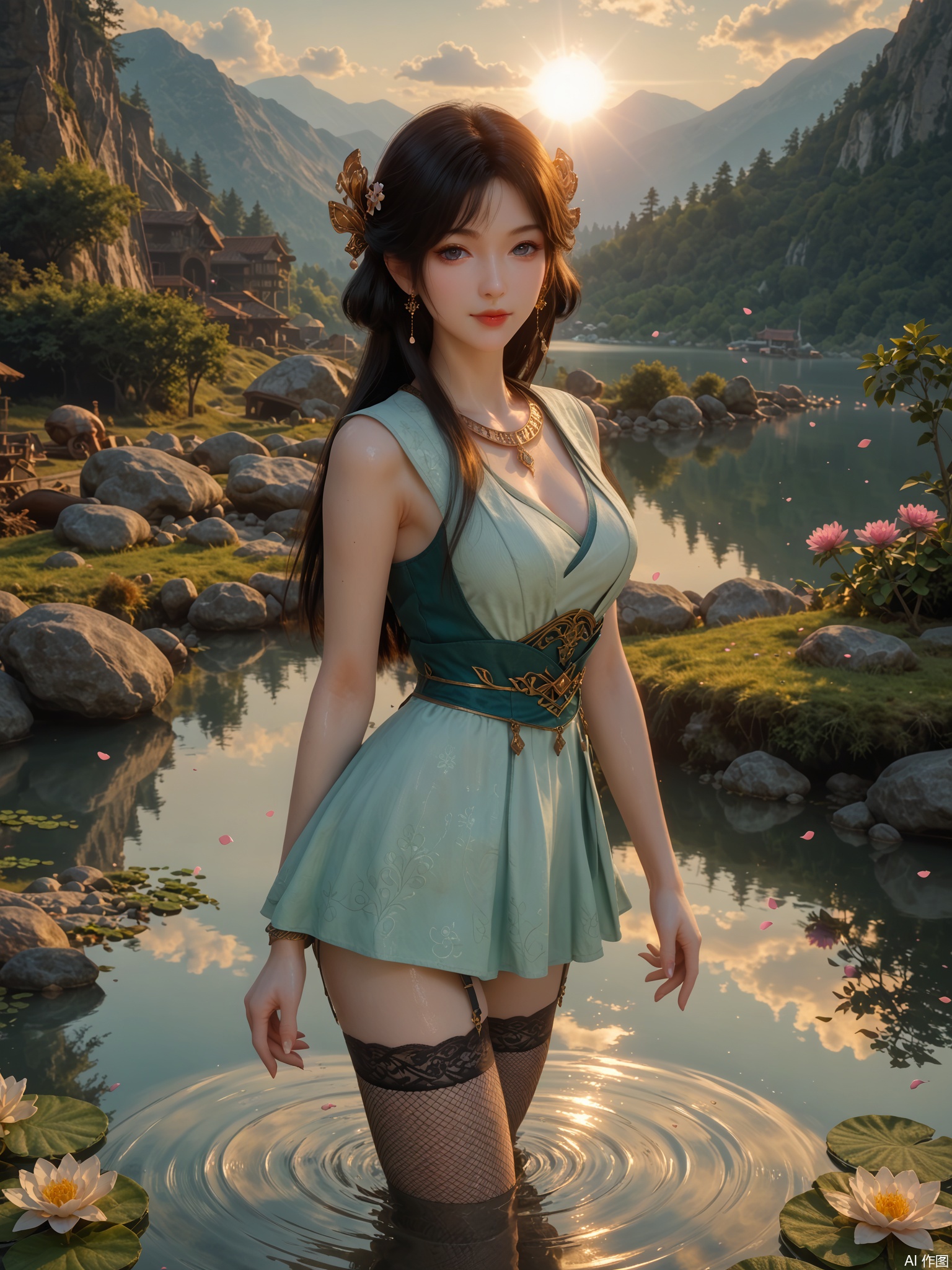 score_9,score_8_up,score_7_up,1girl,looking_at_viewer,realistic,1girl,Vivid Colors,bright environment,bright sunshine,backlighting,light,lake,delicate water surface,shiny skin,shiny hair,reflection,(wariza:1.2),jewelry,flower sea,falling petals,extreme detail description,bright sunlight,frontal lighting,(up body:1),put one hand on your side,long_hair,Fishnet stockings