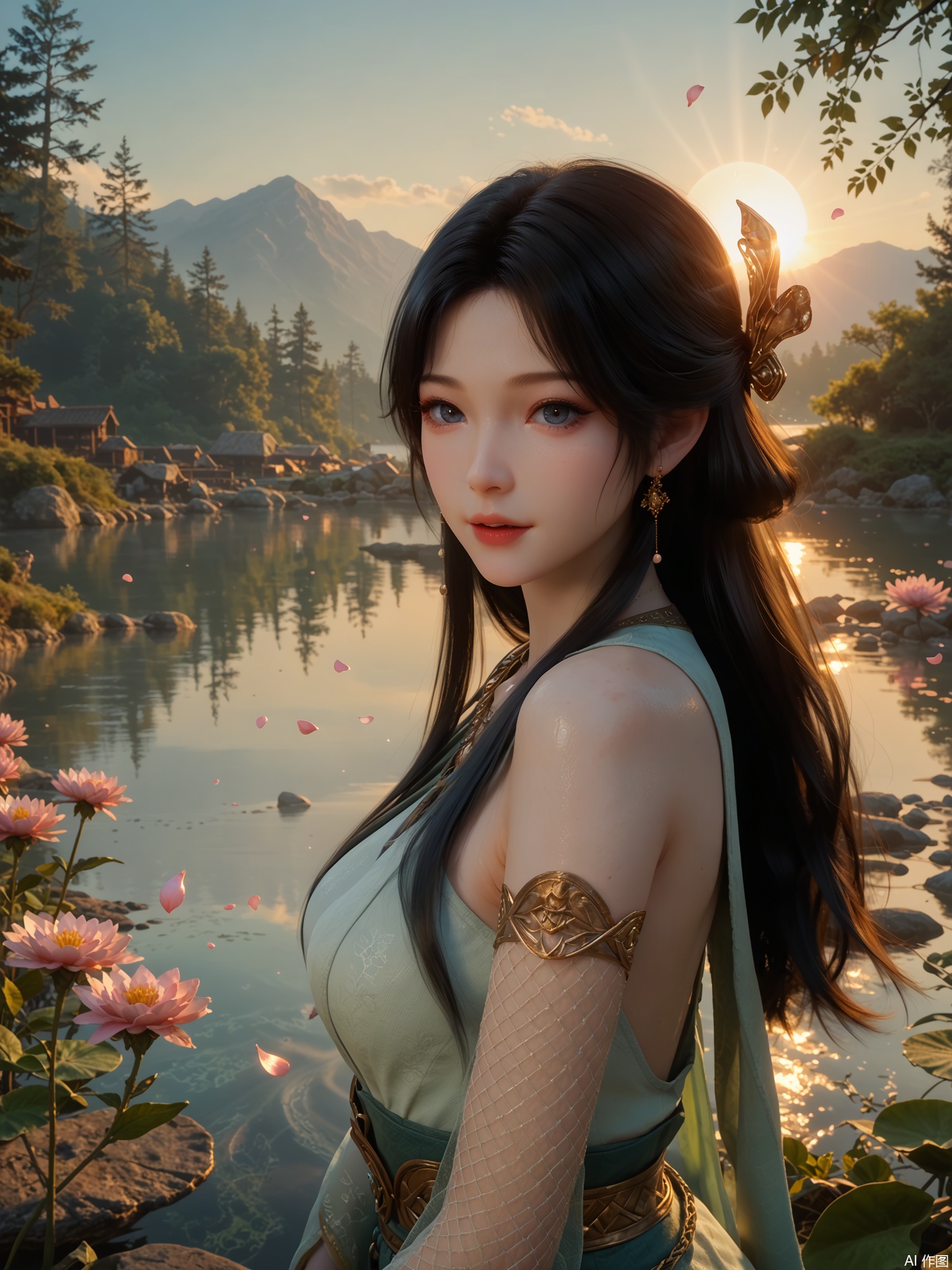 score_9,score_8_up,score_7_up,1girl,looking_at_viewer,realistic,1girl,Vivid Colors,bright environment,bright sunshine,backlighting,light,lake,delicate water surface,shiny skin,shiny hair,reflection,(wariza:1.2),jewelry,flower sea,falling petals,extreme detail description,bright sunlight,frontal lighting,(upper body:1),black hair,put one hand on your side,long_hair,Fishnet stockings