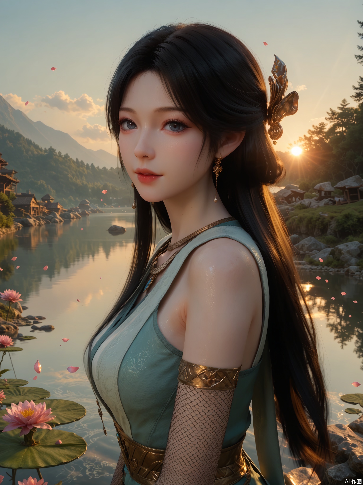 score_9,score_8_up,score_7_up,1girl,looking_at_viewer,realistic,1girl,Vivid Colors,bright environment,bright sunshine,backlighting,light,lake,delicate water surface,shiny skin,shiny hair,reflection,(wariza:1.2),jewelry,flower sea,falling petals,extreme detail description,bright sunlight,frontal lighting,(upper body:1),black hair,put one hand on your side,long_hair,Fishnet stockings
