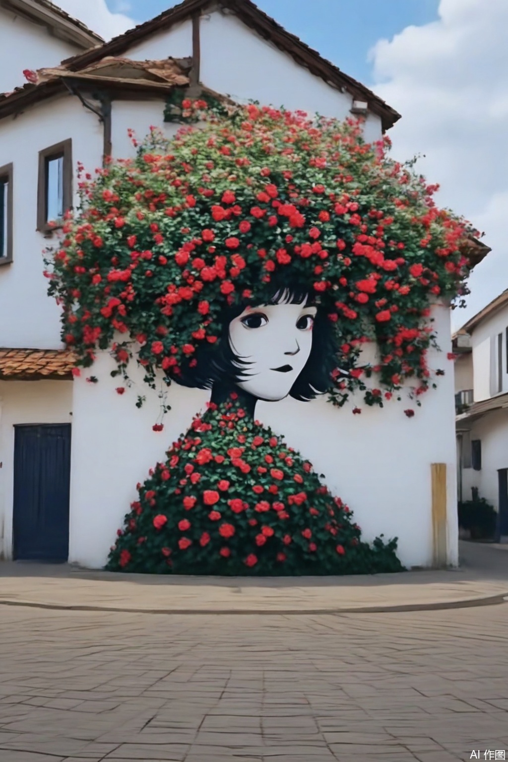 Captured at eye-level on a low-angle perspective
a medium-angle shot captures a vibrant array of red flowers
adding a pop of color to the scene. The flowers
arranged in a way that creates a striking contrast to the white building
which is adorned with a black silhouette of a woman's face. The woman's head is encircled by a large amount of red petals
adding depth to the composition. The building
positioned on the left and right of the frame
is a stark white facade with a brown roof. The sky is a muted blue
with a few wispy clouds in the air.
