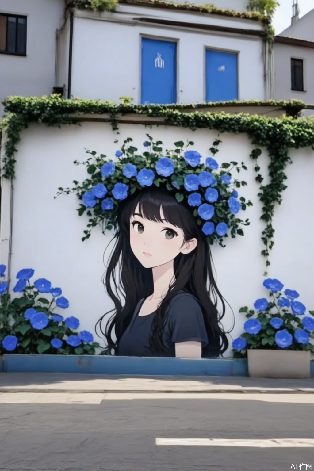 Captured at eye-level
a medium-angle shot captures a detailed mural of a woman with long black hair
a black dress
and a bouquet of blue flowers. The mural is set against a stark white wall
adorned with green ivy. The woman's face is adorned with a flower crown
adding a touch of beauty to the scene. The flowers
a vibrant shade of blue
are arranged in a circular pattern on the wall
adding depth to the composition. The backdrop
a white building casts a shadow on the left side of the image.
