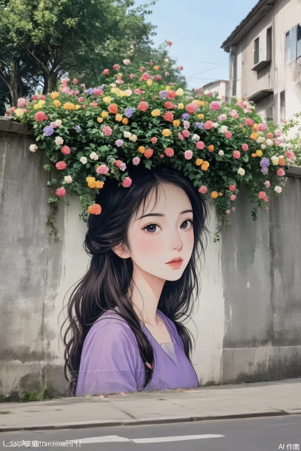 ,A creative street mural featuring a young beautiful woman with long hair wearing a purple outfit,painted on an old concrete wall. The girl's hair seamlessly blends with the real,naturally growing green plants and multicolored flowers at the top of the wall. The plants and flowers are realistically photographed,possessing photo-realistic details and natural textures. The leaves and flowers are irregularly distributed with clear layers,natural soft colors,and subtle shadows and light changes. The overall atmosphere resembles a real photograph. The integration between the wall,plants,and flowers is highly cohesive,creating a strong sense of environment. The image is not overexposed,with soft lighting,avoiding cartoon or illustration styles,in a hyper-realistic style with high details and absurdres.,