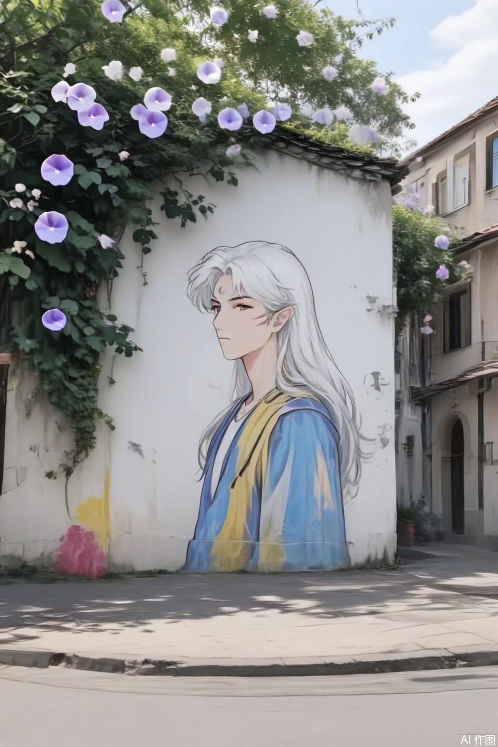 An ancient city wall painted with paints a man with white hair, whose hair is wrapped in morning glory