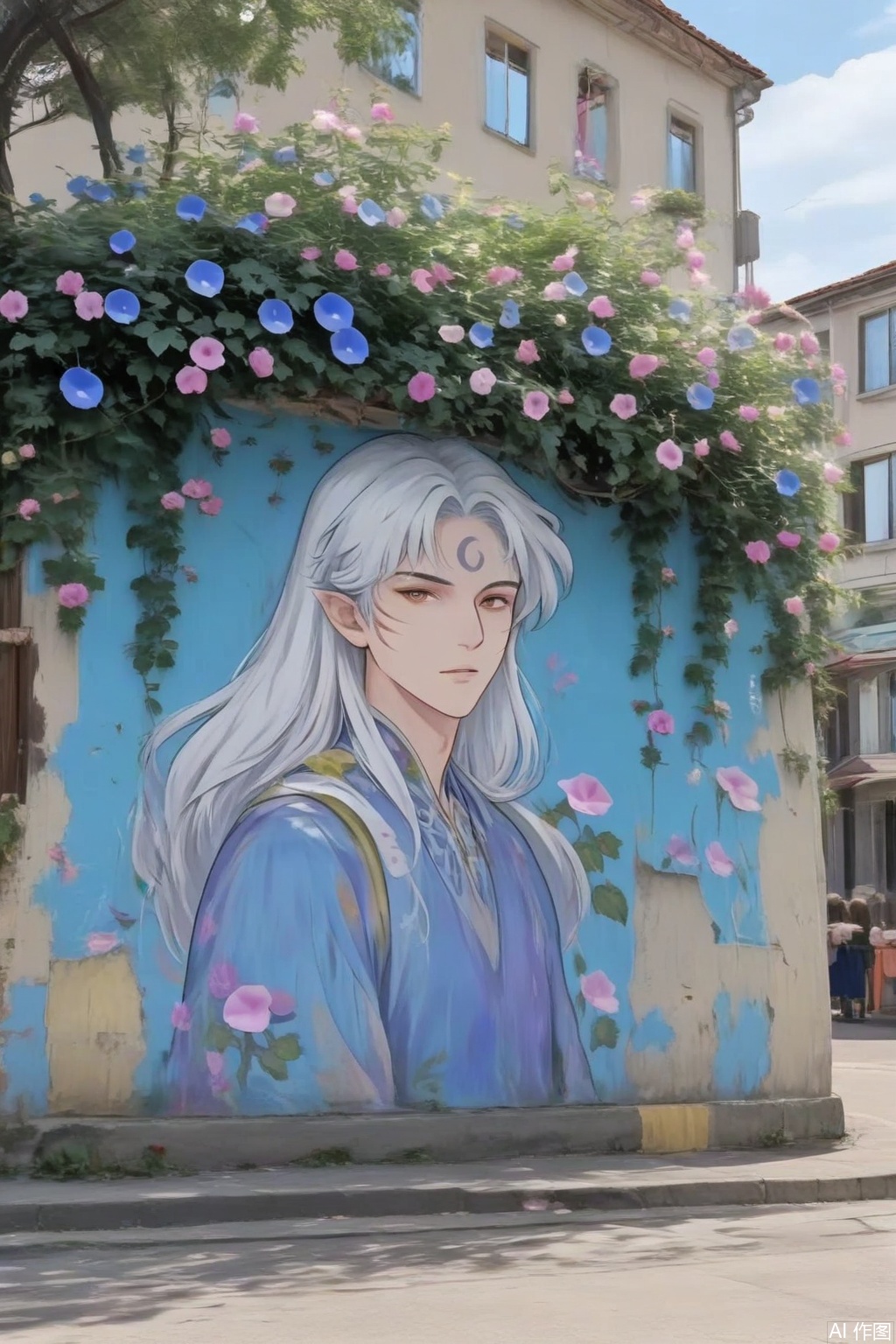 An ancient city wall painted with paints a man with white hair, whose hair is wrapped in morning glory