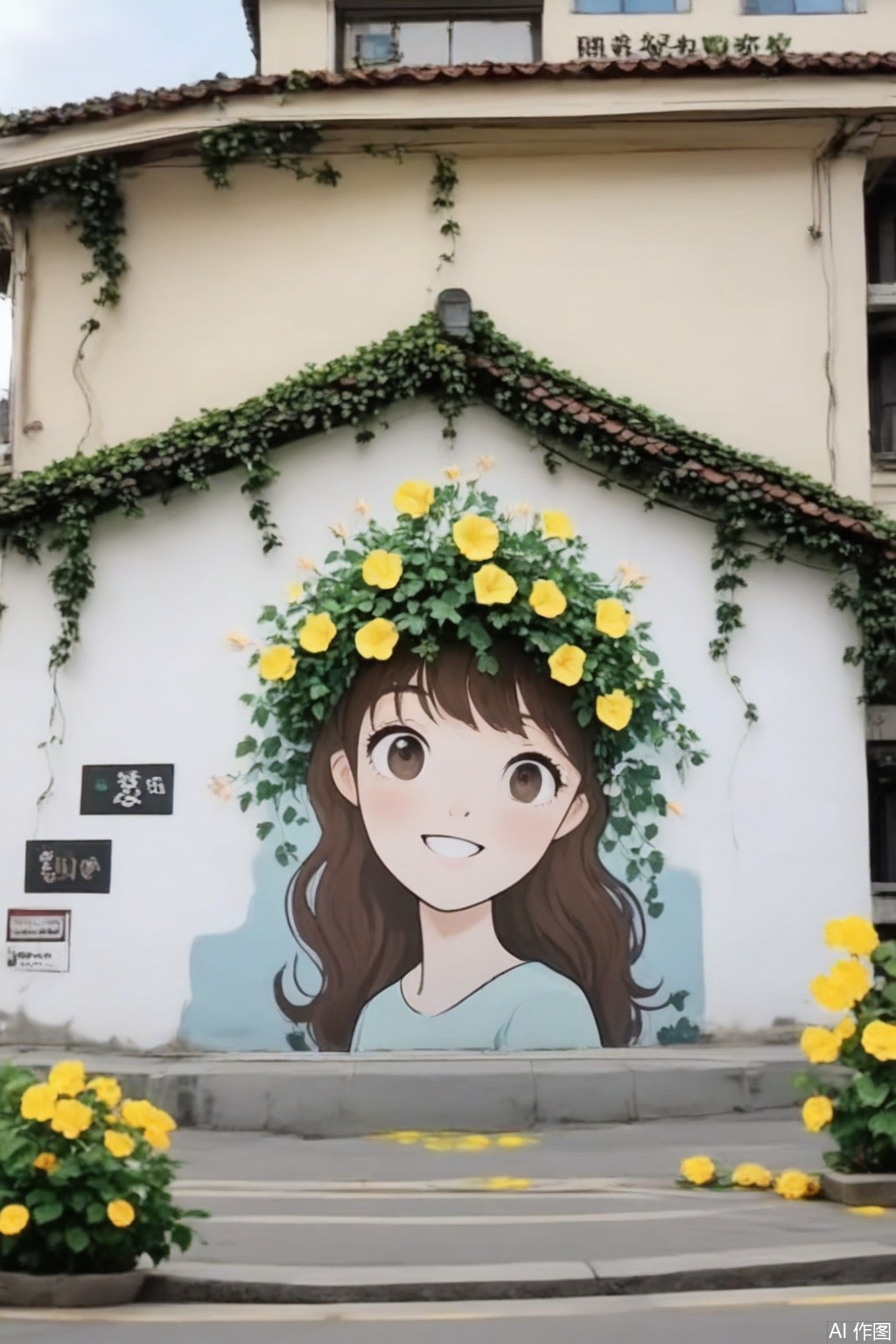 hua,The image depicts a mural of a young girl with long brown hair,smiling gently,set against the side of a white building. The mural is surrounded by a lush arrangement of yellow flowers that cascade down from the top of the building,creating a striking contrast with the white wall. The ground in front of the mural is covered with scattered yellow petals,enhancing the floral theme. The building has a traditional tiled roof,and there are some plants visible on the left side of the mural. The sky is clear,suggesting a bright and sunny day.,