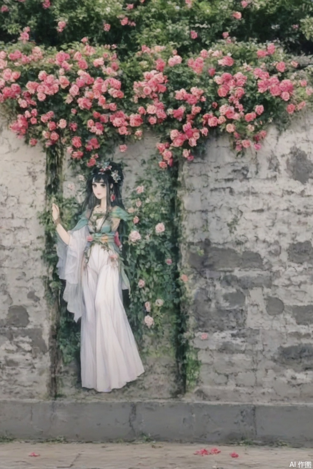 A beautiful woman in Hanfu is painted on an ancient wall, and her hair is made of roses.