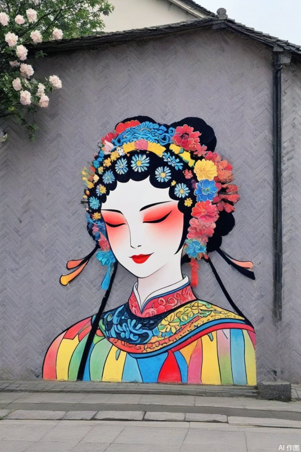 Captured from a high-angle perspective at eye-level
a mural of a geisha is painted on a brick wall. The geisha's head is adorned with a blue headband
adorned with white stars
blue ribbon
and red lips. Her eyes are closed
and her hair cascades over her shoulders. Her dress is adorned in a variety of colors
including red
blue
yellow
and green. Her hair is adorned adorned with flowers
adding a pop of color to the mural. The mural is set against a gray brick wall
with a white building in the background. To the right of the mural is a window with a black frame.
