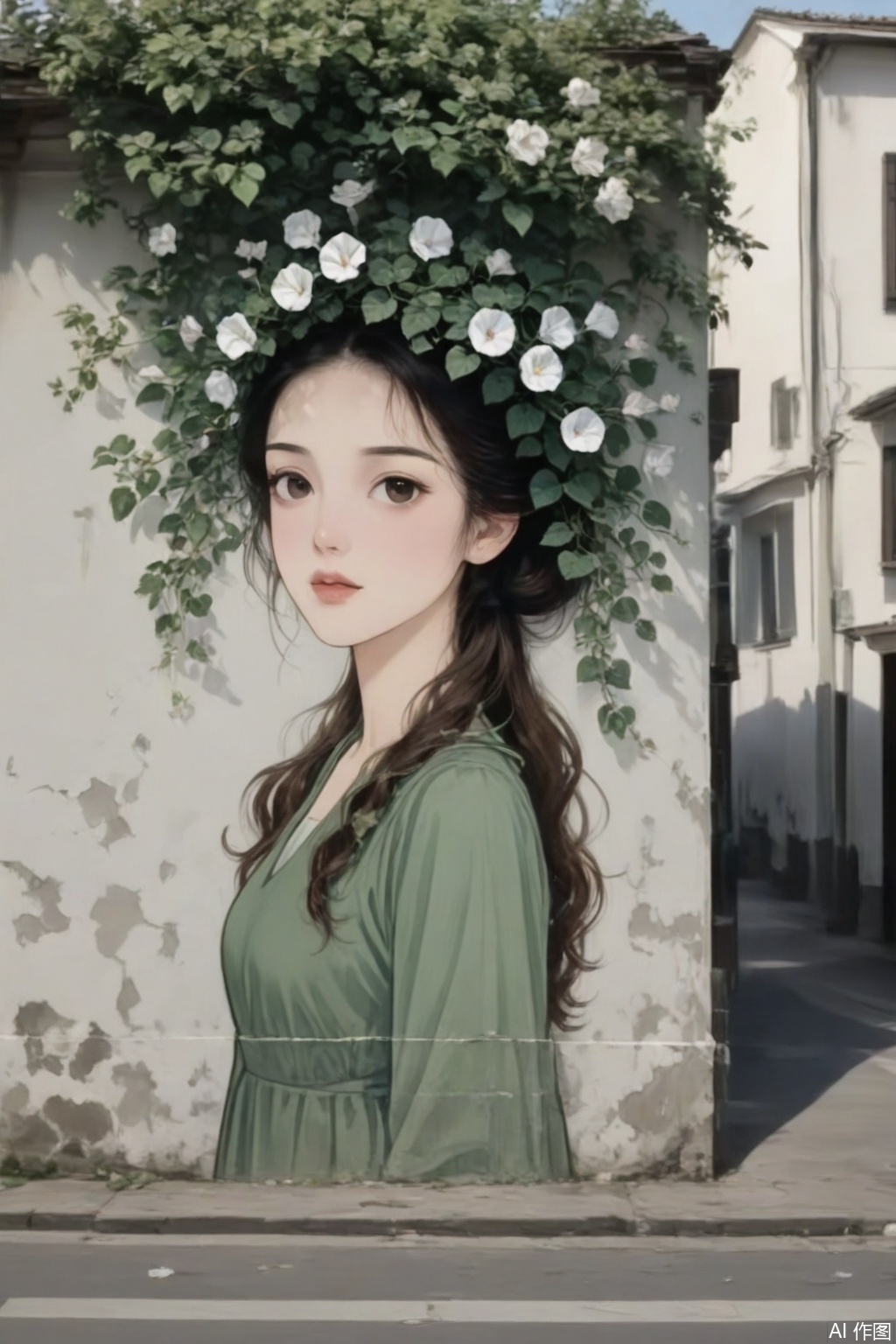 Captured at eye-level on a low-angle perspective
a medium-angle shot of a woman's head is adorned with a wreath of white flowers and green leaves. The woman's hair is long
wavy
and she's wearing a long-sleeved green dress with a white stripe down the neckline. Her eyes are a piercing blue
and her eyebrows are a darker shade of brown. Her hair is pulled back in a ponytail
adding a touch of greenery to her face. The backdrop
a white house casts a shadow on the right side of the frame
adding depth to the scene.
