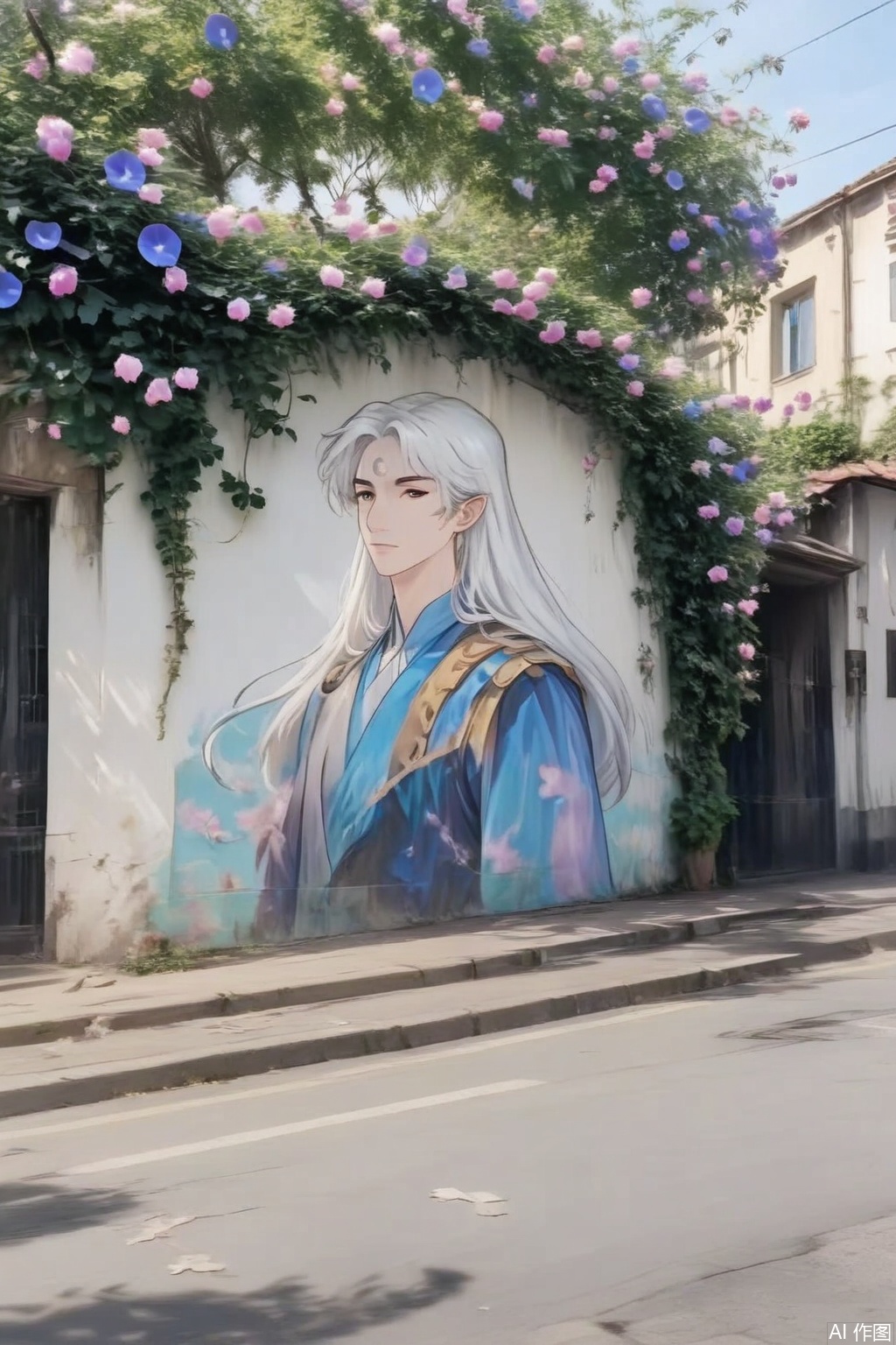 An ancient city wall painted with paints a man with white hair, whose hair is wrapped in morning glory