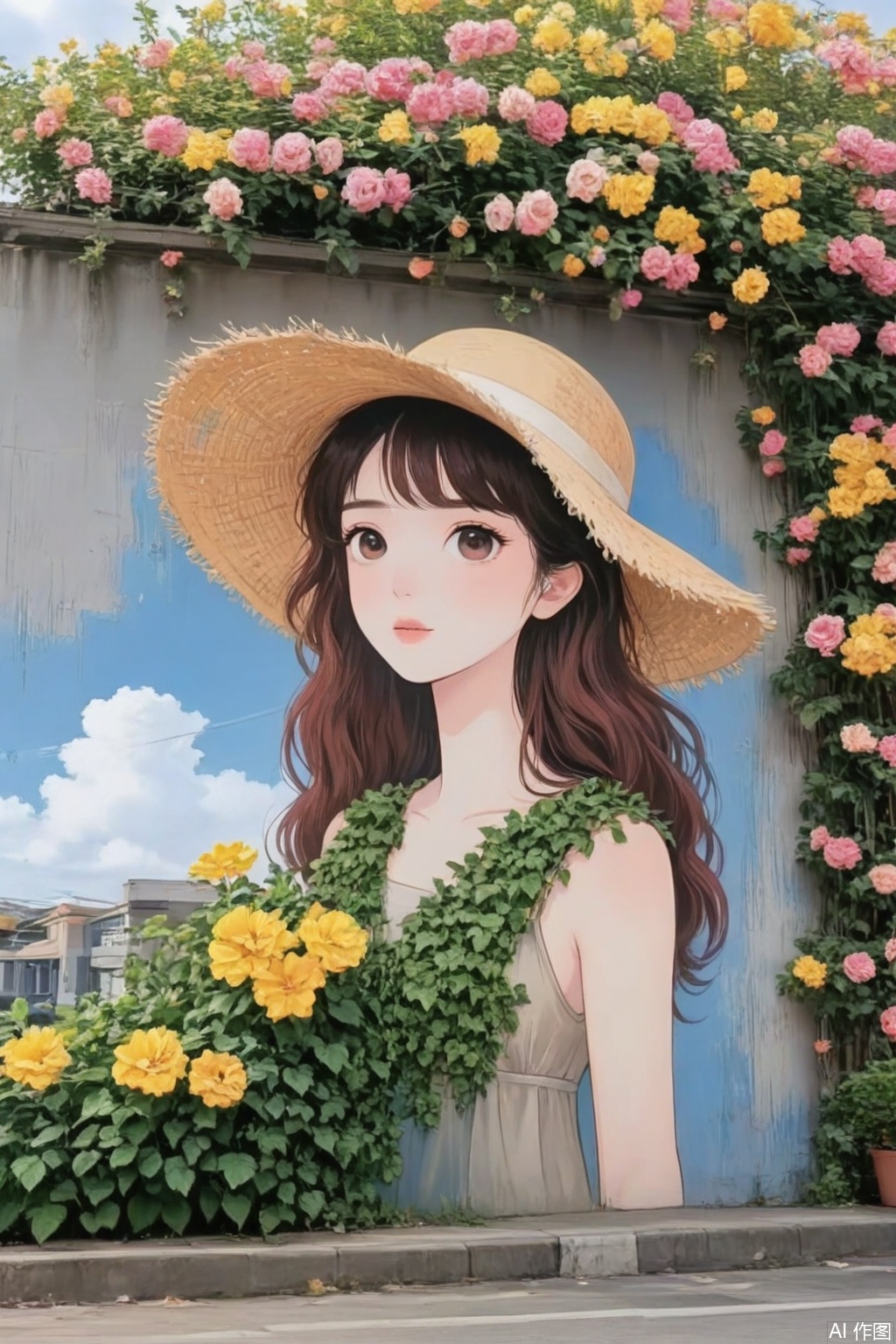 hua,The image depicts a mural of a woman with long, wavy brown hair wearing a wide-brimmed straw hat. She is dressed in a sleeveless, light-colored dress. The mural is painted on a wall that has a weathered, textured surface with patches of peeling paint. Above the mural, there is a lush, vibrant cascade of blooming flowers in various colors, including pink, yellow, and orange, creating a picturesque and serene backdrop. The wall is part of an urban setting, with a street visible in the foreground, marked by a yellow line. The sky above is clear with a few fluffy white clouds.