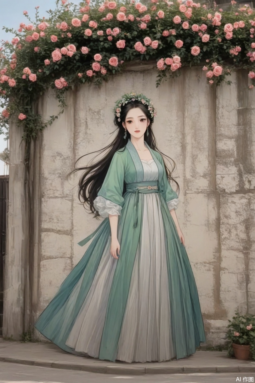 A beautiful woman in Hanfu is painted on an ancient wall, and her hair is made of roses.