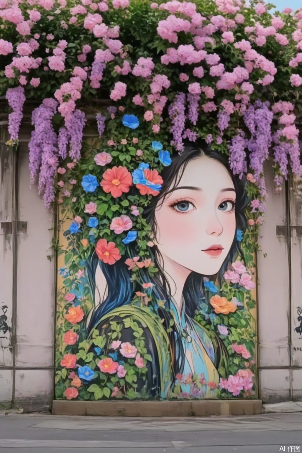 "Street art mural of a goddess with living flower hair, peonies blooming from roots at the scalp transitioning into wisteria waterfalls at the ends, honeybees and hummingbirds interacting with the botanical locks, Art Nouveau flowing lines combined with graffiti splatter effects, UV reactive paints for night glow, trompe l'oeil vines breaking the wall's plane --v 5 --ar 3:4"