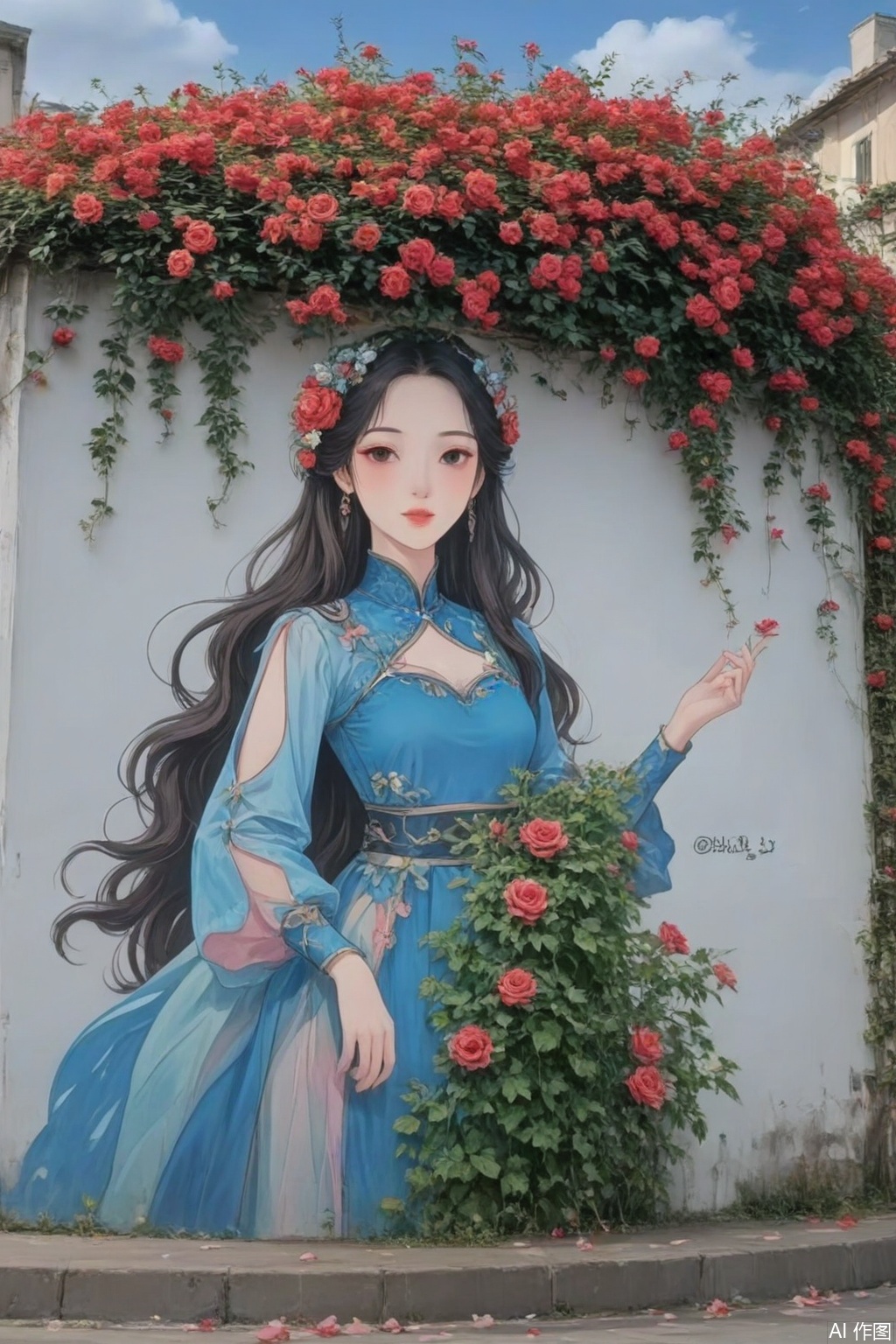 hua,The image depicts a mural of a young woman with long black hair and a serene expression. She is wearing a blue garment. Her hair is adorned with vibrant red and pink roses,which cascade down her head and shoulders. The background is a light-colored wall,and the mural is surrounded by a lush arrangement of green foliage and red rose petals at the bottom. The sky above is clear with a few clouds,creating a peaceful and artistic atmosphere.,