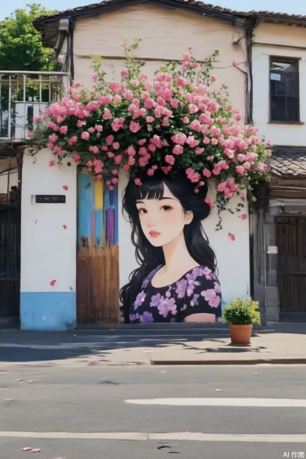 hua,The image depicts a street scene with a large mural of a woman's face painted on the side of a building. The woman has long, dark hair and is wearing a black and purple floral-patterned dress. Above her head, there is a lush, vibrant cluster of pink flowers that partially obscure the mural. The building is white with a wooden door and windows, and there are several potted plants arranged along the base of the wall. The street in front of the building is paved, and there are some scattered petals on the ground. The sky is clear and blue, indicating a sunny day.