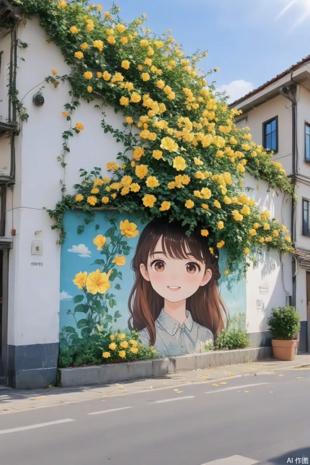 hua,The image depicts a mural of a young girl with long brown hair,smiling gently,set against the side of a white building. The mural is surrounded by a lush arrangement of yellow flowers that cascade down from the top of the building,creating a striking contrast with the white wall. The ground in front of the mural is covered with scattered yellow petals,enhancing the floral theme. The building has a traditional tiled roof,and there are some plants visible on the left side of the mural. The sky is clear,suggesting a bright and sunny day.,