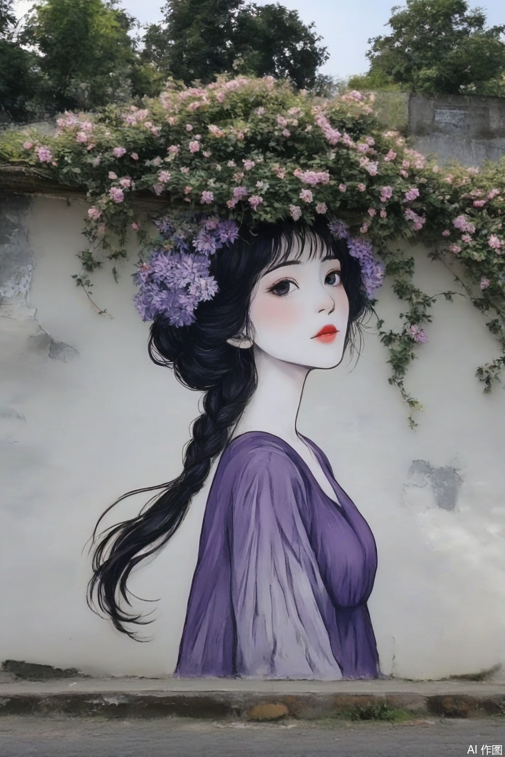 hua,The image depicts a mural of a young woman with long, flowing black hair. She is adorned with a crown of vibrant purple and white flowers, which cascade down her shoulders and dress. The background is a weathered, peeling white wall, giving the scene a rustic and artistic feel. The mural is set against a clear sky, and there are some trees visible in the distance, suggesting an outdoor urban environment. The woman's expression is serene, and her red lips contrast with her pale skin. The overall composition blends natural elements with human artistry, creating a harmonious and picturesque scene.