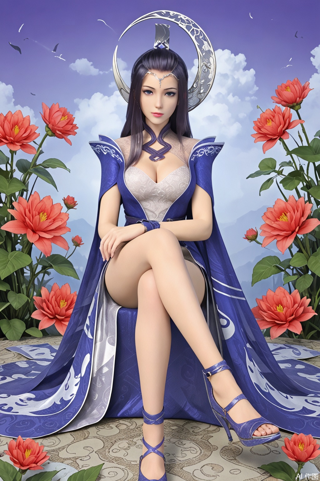 score_9_up,1girl, solo, long hair, breasts, looking at viewer, black hair, dress, cleavage, sitting, flower, shoes, high heels, legs, crossed legsYueJi