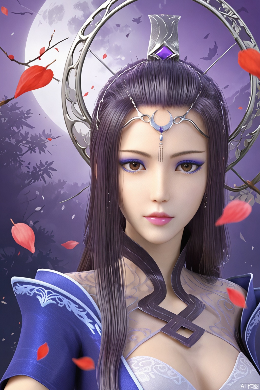 score_9_up,1girl, solo, long hair, looking at viewer, black hair, hair ornament, brown eyes, upper body, lips, petals, makeup, leaf, moon, full moon, eyeshadow, headpiece,YueJi