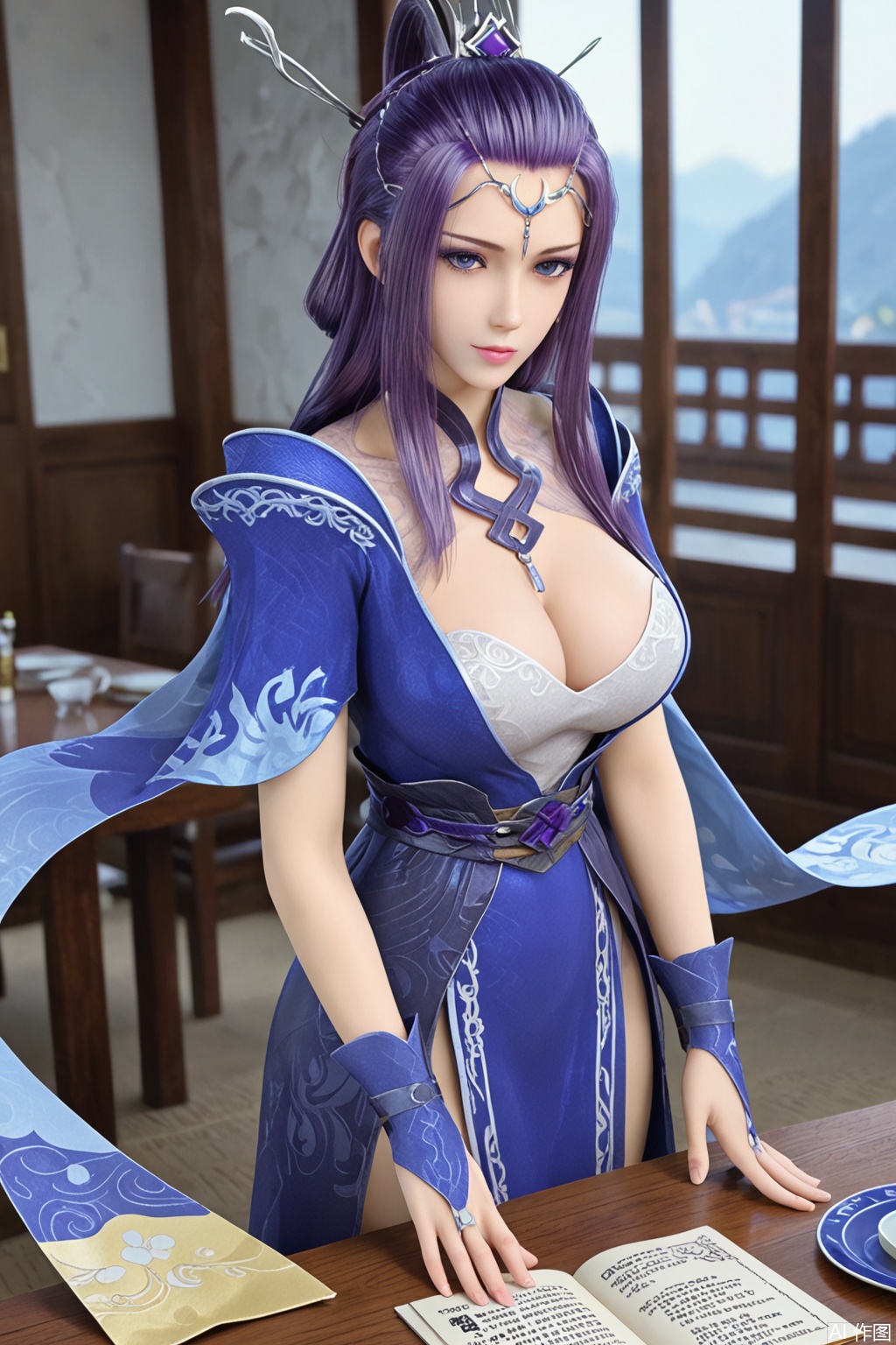 score_9_up,1girl,looking_at_viewer , solo, long hair, purple hair, hair ornament, dress, blue eyes, armor, blue dress,big breasts,cleavage, standing,bending over,Supporting the table with hands,table,shoulder armor, backless outfit, backless dress,YueJi