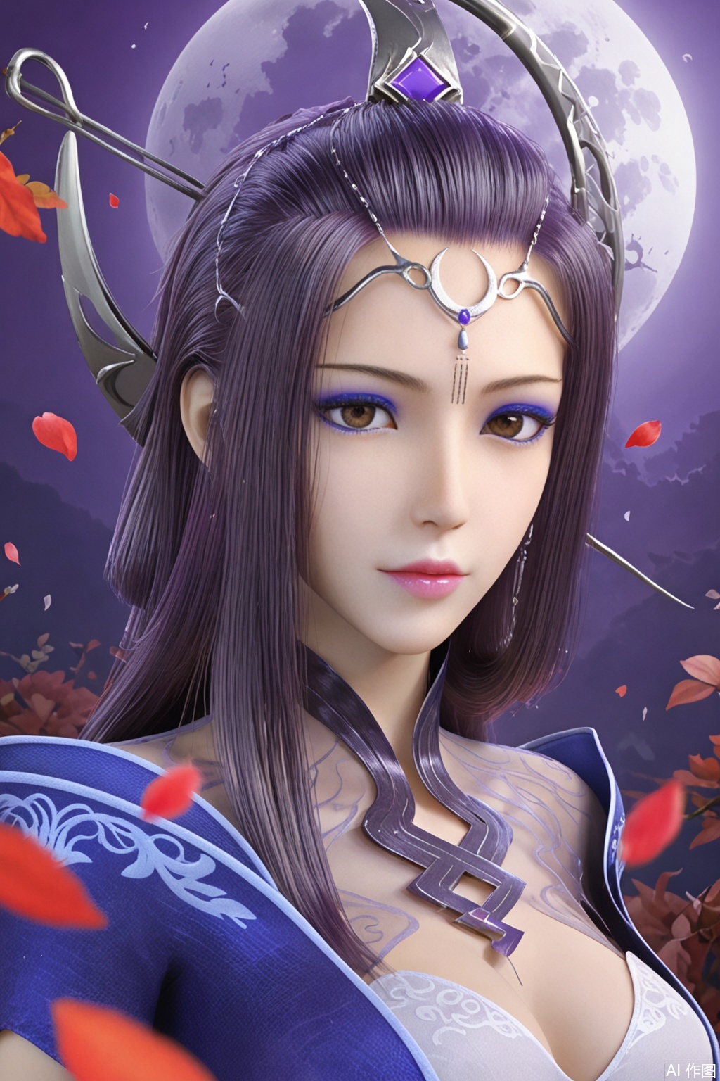 score_9_up,1girl, solo, long hair, looking at viewer, black hair, hair ornament, brown eyes, upper body, lips, petals, makeup, leaf, moon, full moon, eyeshadow, headpiece,YueJi