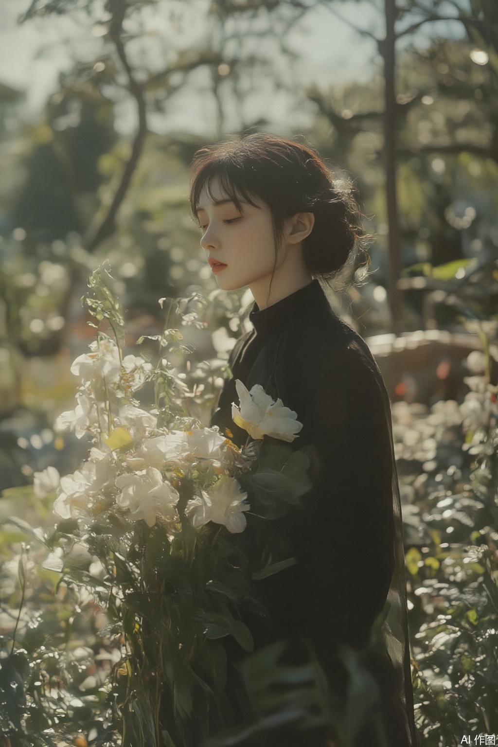 OBbllai, 
A respectful and atmospheric outdoor portrait. A model with a solemn yet peaceful expression, dressed in elegant, muted colours (perhaps charcoal grey or deep forest green), stands thoughtfully in a beautifully maintained memorial garden or park (avoiding explicit grave markers). She holds a bouquet of white lilies or chrysanthemums. Soft, slightly diffused light, perhaps filtered through trees, creates a poignant atmosphere. The focus is on her respectful posture and the serene beauty of the surroundings, evoking remembrance. High resolution, 8k, natural lighting, hyperrealistic, photorealistic, detailed textures, bokeh background, lifestyle photography, advertisement photography (implied floral/fashion), solemn remembrance, peaceful atmosphere, trending on artstation.