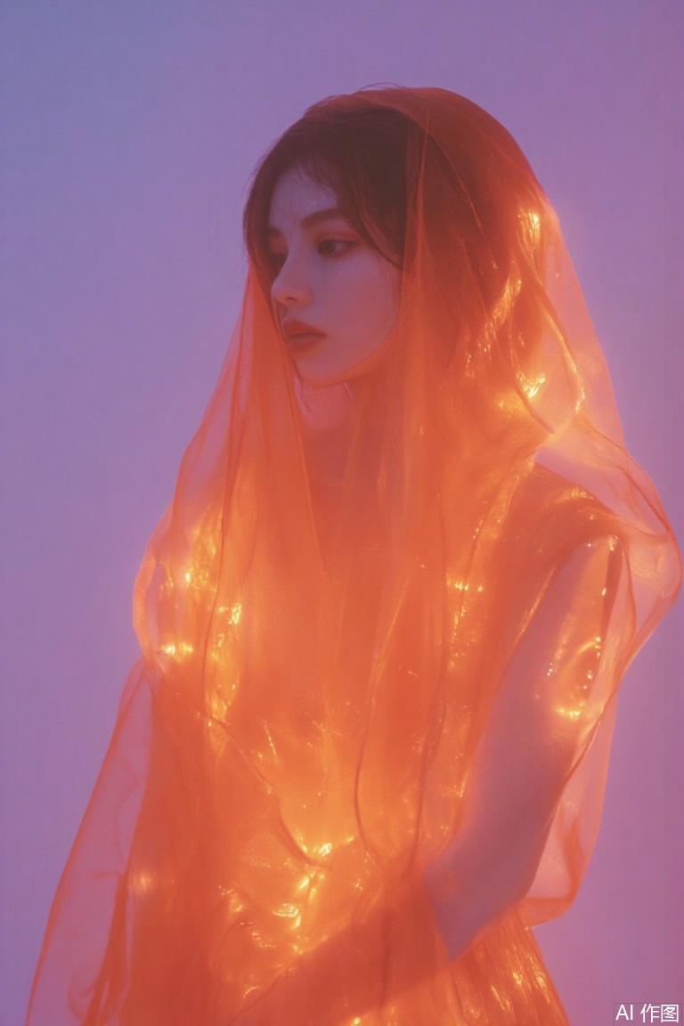 
Ethereal Orange Portrait
A serene portrait of a person wrapped in vibrant orange mesh against a dreamy purple gradient background.