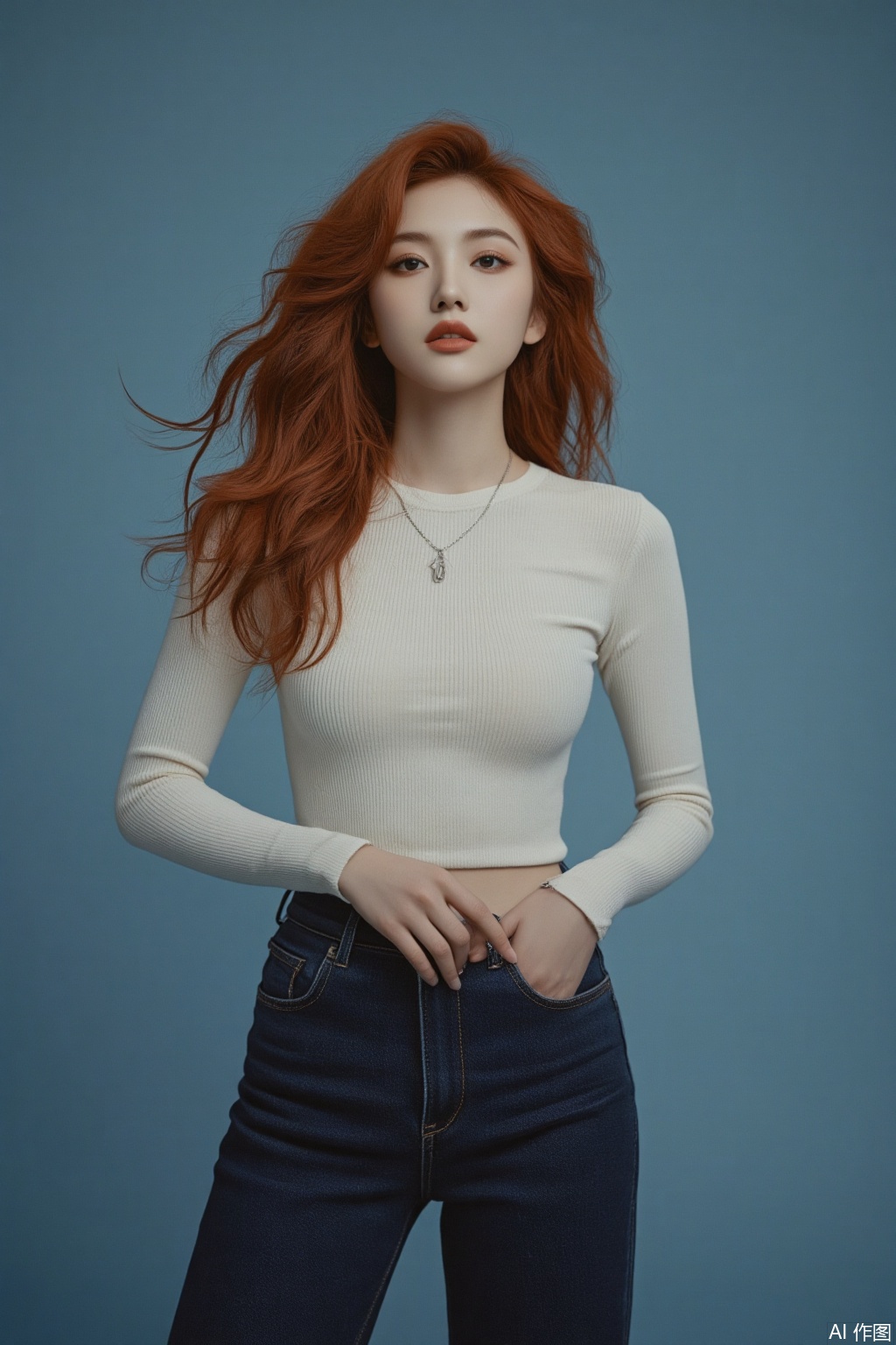 This professional studio headshot captures a striking sad1es1nk standing against a plain blue background, allowing her vibrant features and carefully chosen outfit to take center stage. Her luscious, wavy ginger hair cascades gracefully down her back, the rich, fiery tones of her hair contrasting beautifully with the cool blue backdrop. The waves in her hair are voluminous and well-defined, adding a sense of movement and natural beauty to the composition.

She is dressed in a cream-colored, long-sleeved ribbed top that clings elegantly to her frame, highlighting her toned arms and creating a sleek, fitted look. The texture of the ribbed fabric adds depth to the top, making it a subtle yet striking piece. The top is neatly tucked into high-waisted, wide-leg dark blue jeans that elongate her silhouette, offering a flattering and balanced contrast between the fitted upper half of her outfit and the flowing, relaxed fit of the jeans. The dark blue denim is rich in color, complementing the lighter tones of her top while creating a harmonious, cohesive look.

Her left wrist is adorned with a sleek wristwatch, its metallic sheen catching the light and adding a touch of sophistication to her ensemble. Around her neck, she wears a delicate pendant necklace that rests just above her collarbone, its simplicity adding an understated elegance to her overall appearance. The necklace, with its fine chain and subtle charm, draws just the right amount of attention without overpowering the rest of her outfit.

The woman’s pose is both confident and poised, as she gazes slightly upwards with a calm, serene expression. Her eyes, framed by soft, natural makeup, reflect a sense of quiet determination and self-assuredness. Her lips are curved into a gentle, knowing smile, conveying an air of tranquility and inner peace. The plain blue background serves to keep the focus entirely on her, highlighting her striking features and the carefully curated details of her outfit. The lighting is even and soft, casting no harsh shadows, and allowing the natural beauty of her ginger hair, the textures of her clothing, and the subtle shine of her accessories to be fully appreciated. The overall composition is one of elegance and confidence, with the woman exuding a serene, timeless grace.