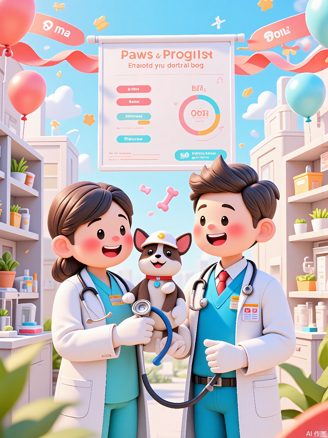 LDJ, A 3D-rendered cartoon poster of veterinarians in scrubs holding a giant stethoscope to a cartoon dog wearing a hard hat. The clinic background includes floating bone-shaped confetti, bandage balloons, and a "Paws & Progress" banner.

