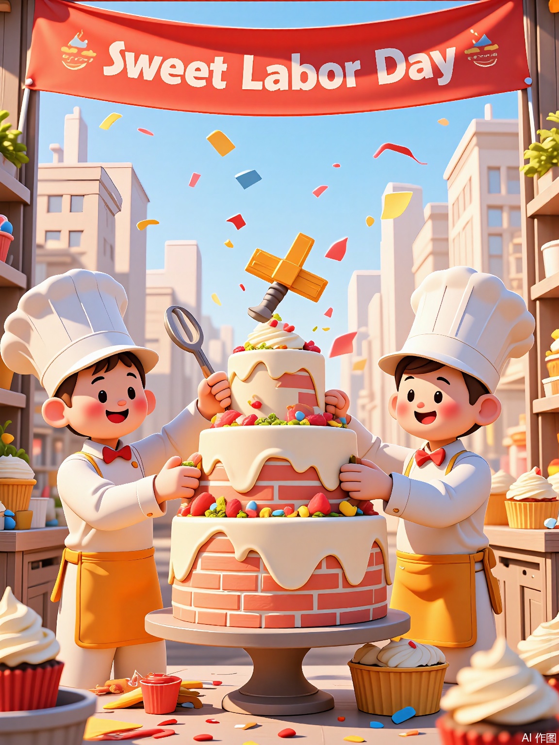 LDJ, A 3D-rendered cartoon poster of bakers in tall hats decorating a cake shaped like a construction site, complete with fondant hard hats and brick-patterned frosting. The bakery window reveals floating cupcake confetti and a "Sweet Labor Day" banner.

