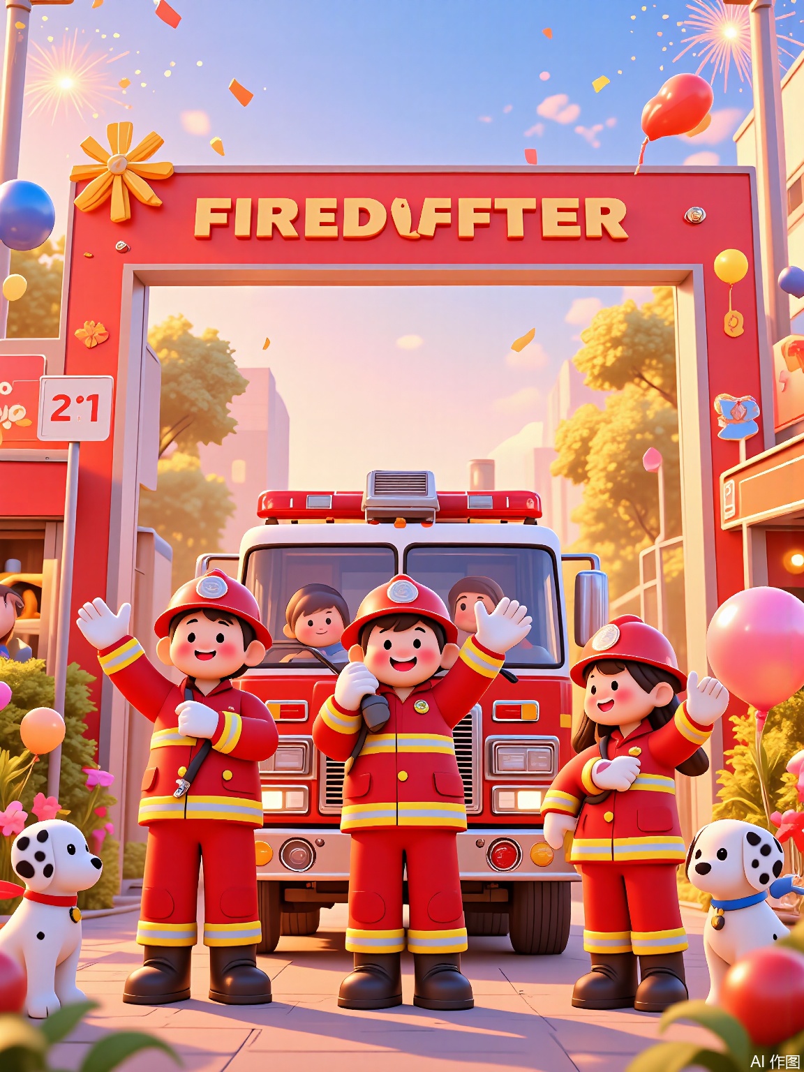LDJ, A 3D-rendered cartoon poster of firefighters in red uniforms posing beside a candy-colored fire truck, waving with oversized gloves. The station background includes dalmatian puppies, hydrant-shaped balloons, and a sunset sky with firework-like sparkles.

