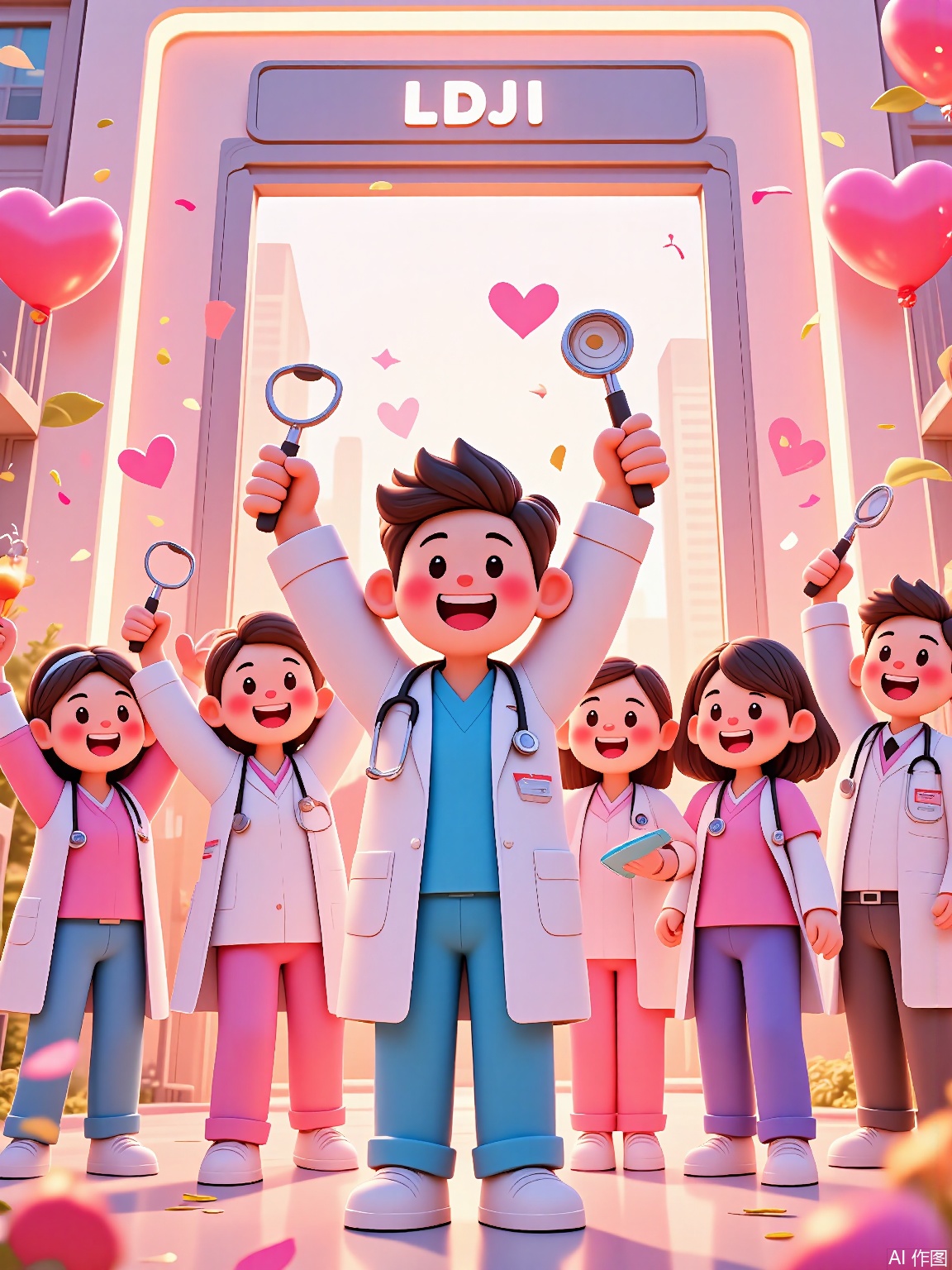 LDJ, A 3D-rendered cartoon poster featuring a diverse team of healthcare workers in scrubs holding stethoscopes and medical tools, celebrating with arms raised. The background includes a glowing hospital entrance with heart-shaped balloons and confetti, rendered in vibrant pink and white hues with a joyful atmosphere.

