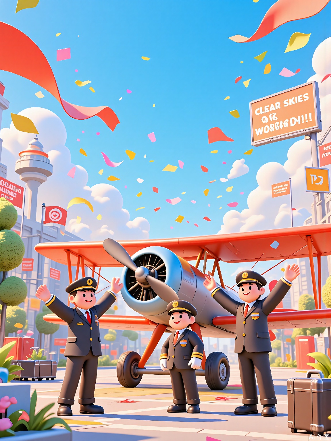 LDJ, A 3D-rendered cartoon poster showing pilots in aviator gear standing beside a biplane trailing confetti smoke. The airport tarmac background includes floating luggage tags, cloud-shaped balloons, and a "Clear Skies for Workers!" sign.

