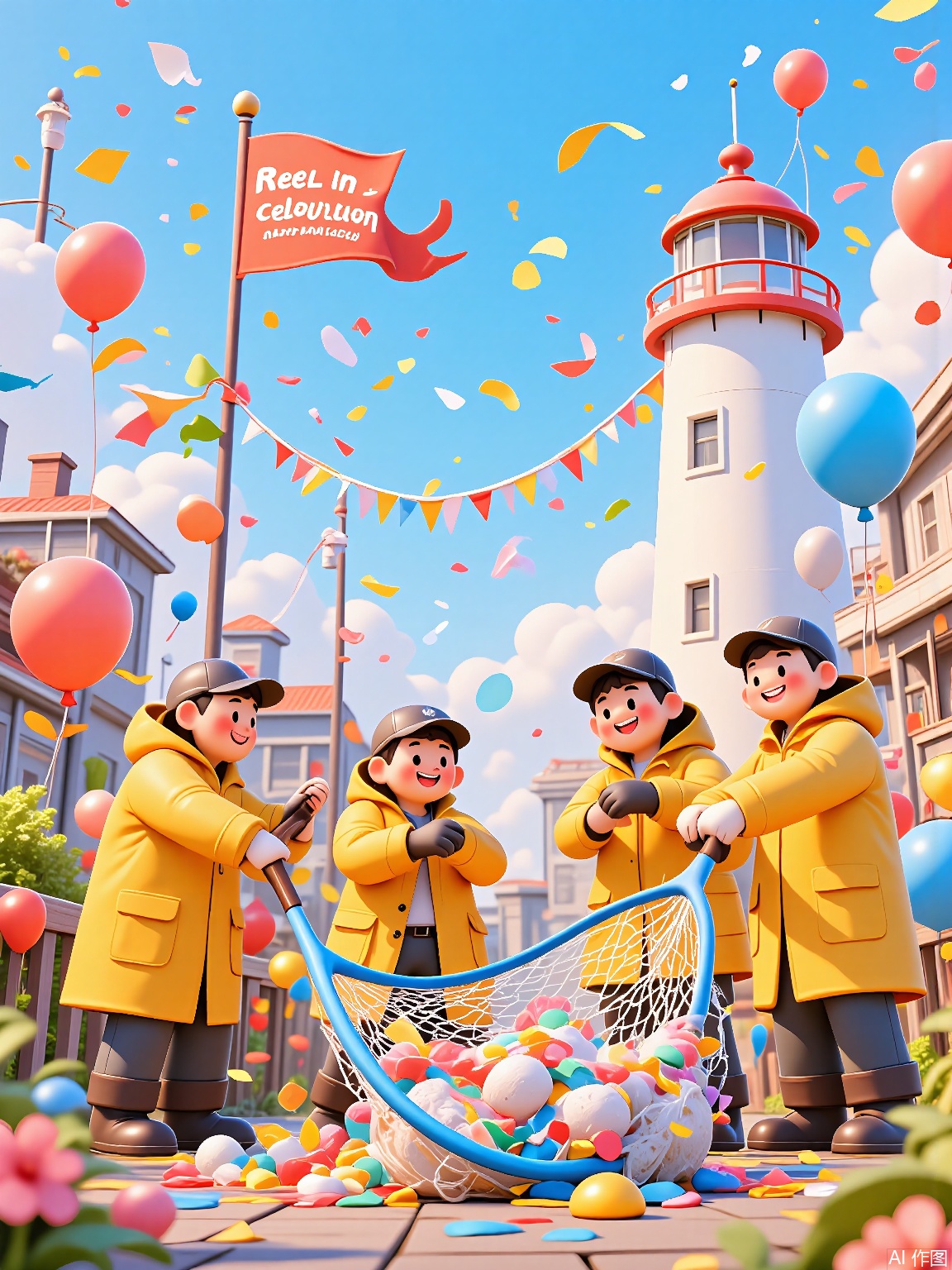 LDJ, A 3D-rendered cartoon poster of fishermen in yellow raincoats reeling in a confetti-filled net beside a lighthouse. The dock background includes floating crab balloons, buoy-shaped confetti, and a "Reel in the Celebration!" banner.

