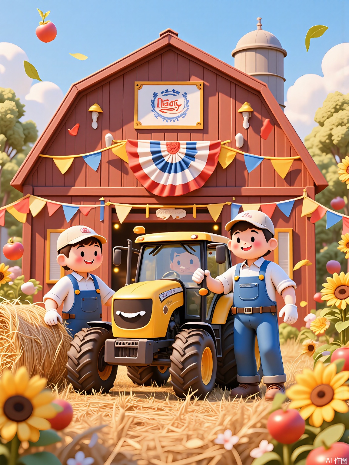 LDJ, A 3D-rendered cartoon poster of smiling farmers in denim overalls harvesting wheat, using a combine tractor shaped like a smiley face. The scene includes a barn decorated with "Happy Labor Day" banners, sunflowers, and floating apple motifs in warm golden-yellow tones.
