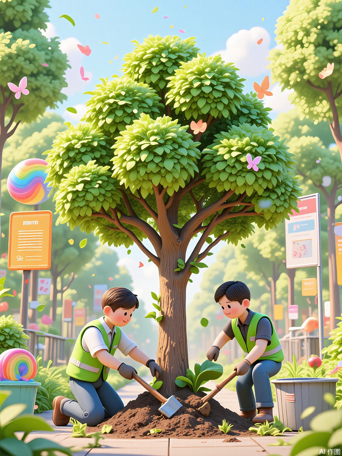 LDJ, A 3D-rendered cartoon poster featuring environmentalists in green vests planting a tree that blooms into a confetti-filled canopy. The park background includes recycling bin sculptures, butterfly balloons, and a rainbow-colored soil mound.

