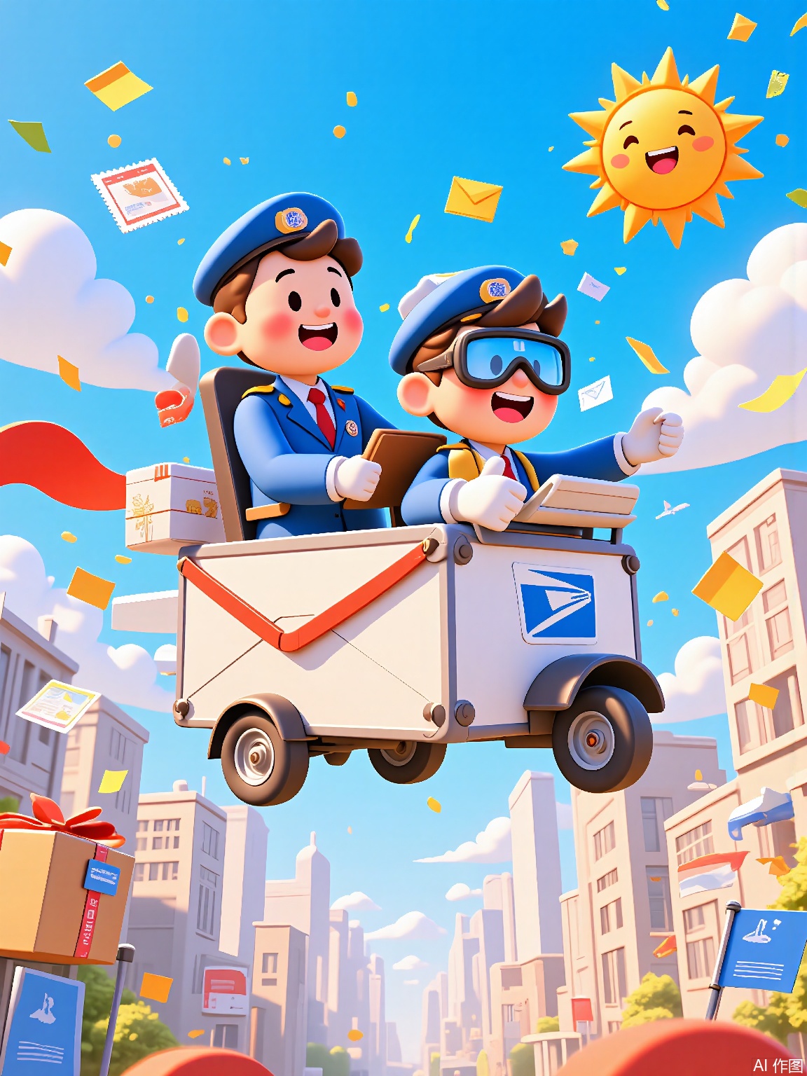 LDJ, A 3D-rendered cartoon poster featuring postal workers in blue uniforms riding a flying mail truck shaped like an envelope. The sky background includes stamps, package confetti, and a smiling sun wearing aviator goggles.

