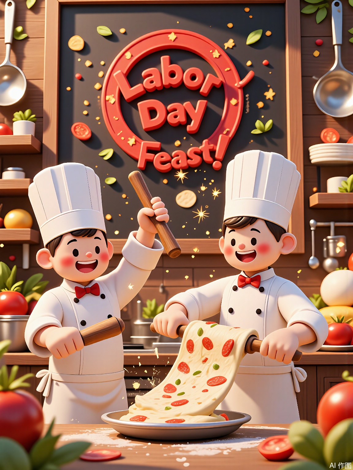 LDJ, A 3D-rendered cartoon poster showing chefs in tall white hats tossing pizza dough together, with rolling pins and ovens emitting sparkles. The kitchen background features floating utensils, tomato-shaped confetti, and a chalkboard menu reading "Labor Day Feast!" in lively red typography.
