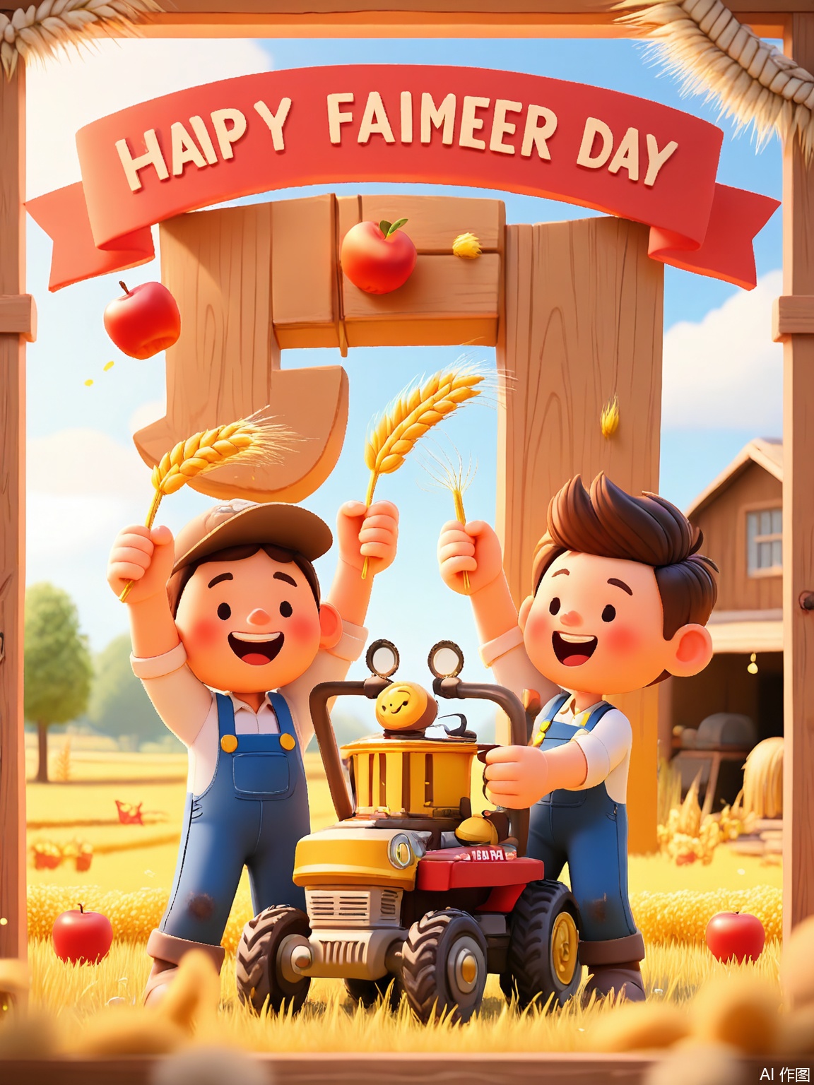 LDJ, A 3D-rendered cartoon poster of smiling farmers in denim overalls harvesting wheat, using a combine tractor shaped like a smiley face. The scene includes a barn decorated with "Happy Labor Day" banners, sunflowers, and floating apple motifs in warm golden-yellow tones.
