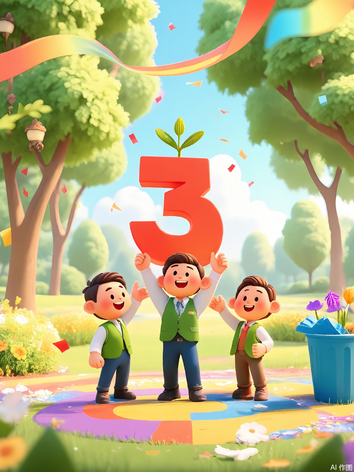 LDJ, A 3D-rendered cartoon poster featuring environmentalists in green vests planting a tree that blooms into a confetti-filled canopy. The park background includes recycling bin sculptures, butterfly balloons, and a rainbow-colored soil mound.
