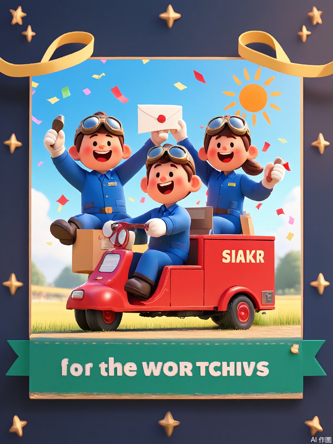 LDJ, A 3D-rendered cartoon poster featuring postal workers in blue uniforms riding a flying mail truck shaped like an envelope. The sky background includes stamps, package confetti, and a smiling sun wearing aviator goggles.
