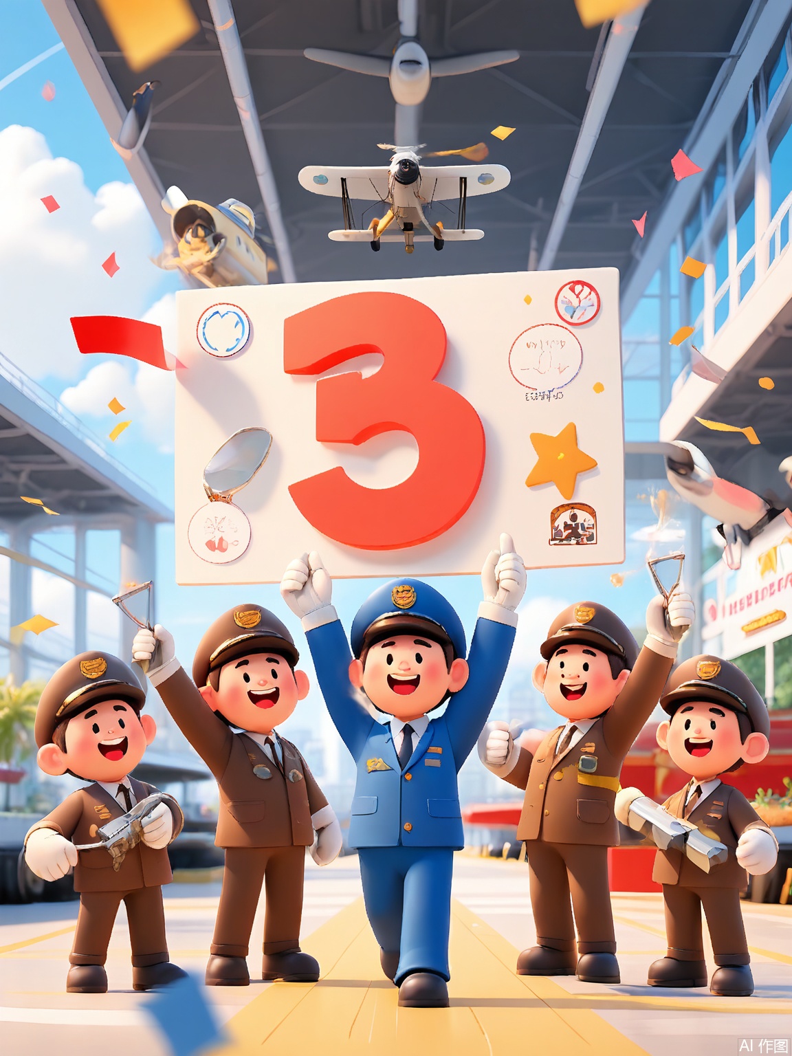 LDJ, A 3D-rendered cartoon poster showing pilots in aviator gear standing beside a biplane trailing confetti smoke. The airport tarmac background includes floating luggage tags, cloud-shaped balloons, and a "Clear Skies for Workers!" sign.
