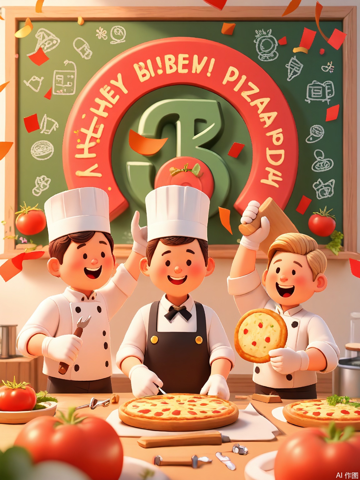 LDJ, A 3D-rendered cartoon poster showing chefs in tall white hats tossing pizza dough together, with rolling pins and ovens emitting sparkles. The kitchen background features floating utensils, tomato-shaped confetti, and a chalkboard menu reading "Labor Day Feast!" in lively red typography.
