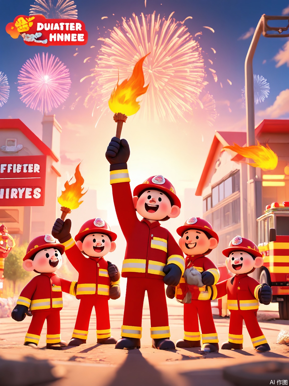 LDJ, A 3D-rendered cartoon poster of firefighters in red uniforms posing beside a candy-colored fire truck, waving with oversized gloves. The station background includes dalmatian puppies, hydrant-shaped balloons, and a sunset sky with firework-like sparkles.
