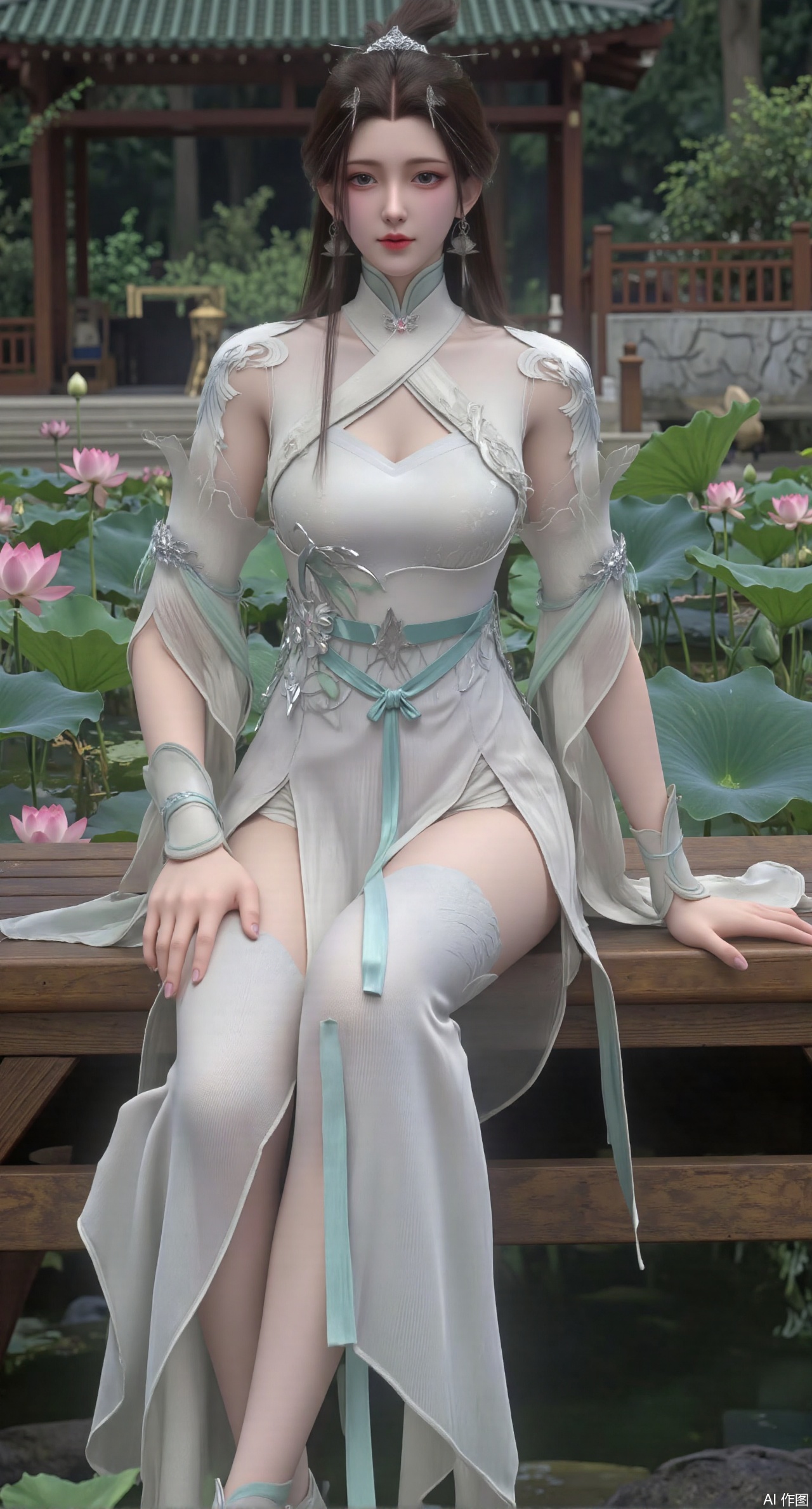 (masterpiece:1.2),best quality,The image is a digital illustration of a young woman sitting on a wooden bench in a pond with lily pads. She is wearing a long dress with design on the chest and sleeves. The dress has a high neckline and short sleeves,Holding a lotus in hand. She has long dark hair styled in loose waves and is wearing gold high heels. The woman is posing with one hand on her hip and the other resting on the edge of the bench. The background is filled with pink and white lotus flowers and green leaves. The overall mood of the image is peaceful and serene,(huge breasts:2.99),(full breasts:2.99),(Background with traditional Chinese architecture, lotus pond and pink lotus flowers:1.39),XyunyunXY,Xmeining,Xjiangziyue,Xweinina,Xyunxiao,Xxiaoqingxue