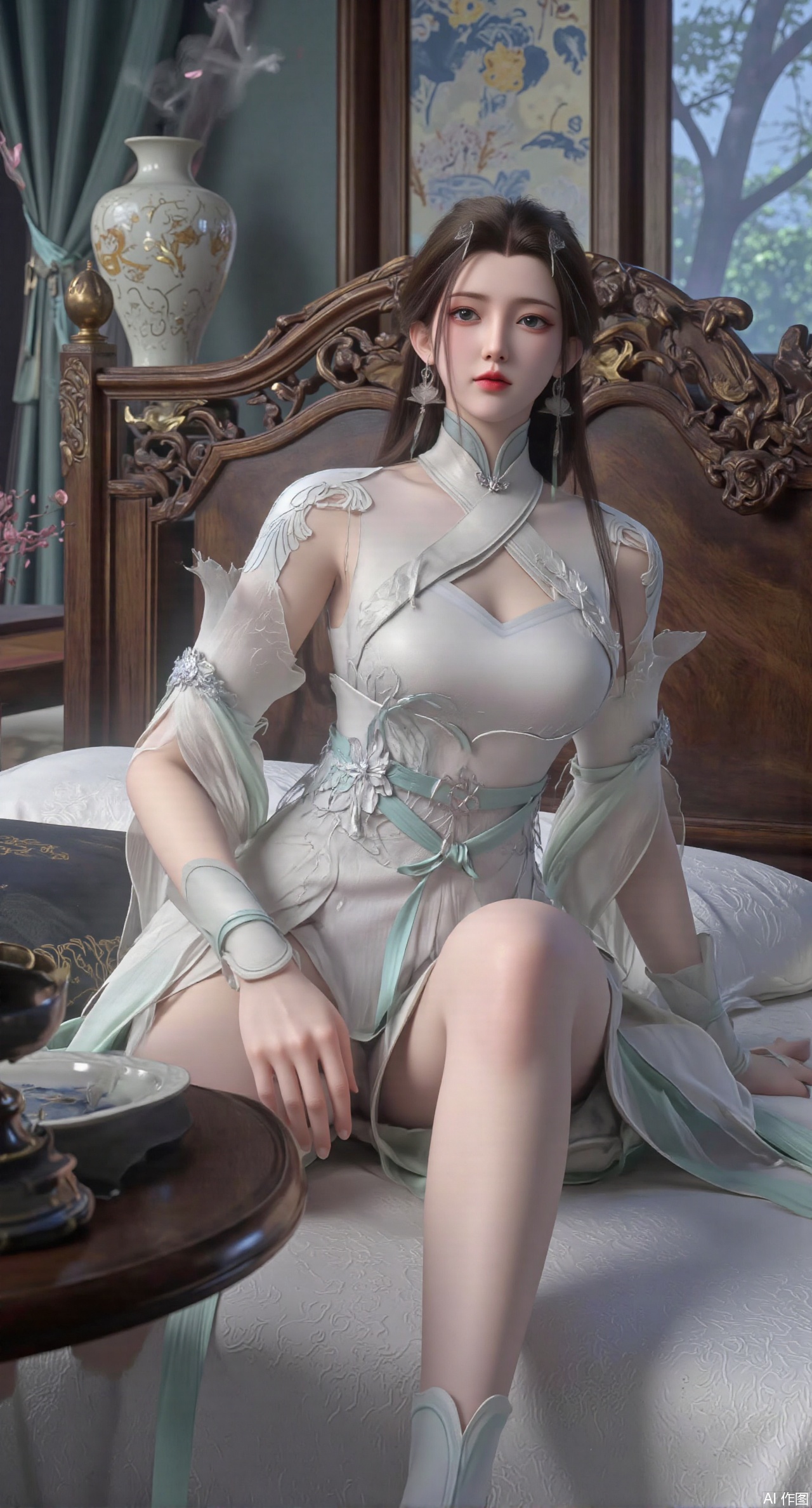  (masterpiece, best quality:1.2),Ancient Chinese boudoir scene, Hanfu dress ,sitting sideways on an intricately carved wooden bed, soft natural light filtering through sheer silk curtains, satin bedding with delicate sheen, detailed traditional Chinese Gongbi painting style, subtle celadon color palette, background featuring vintage dressing table and embroidered screen, falling plum blossom petals near window and wispy smoke from bronze incense burner, 8K resolution with intricate fabric draping and wood grain textures,,(huge breasts:2.99),(full breasts:2.99),,XyunyunXY,Xmeining,Xjiangziyue,Xweinina,Xyunxiao,Xxiaoqingxue