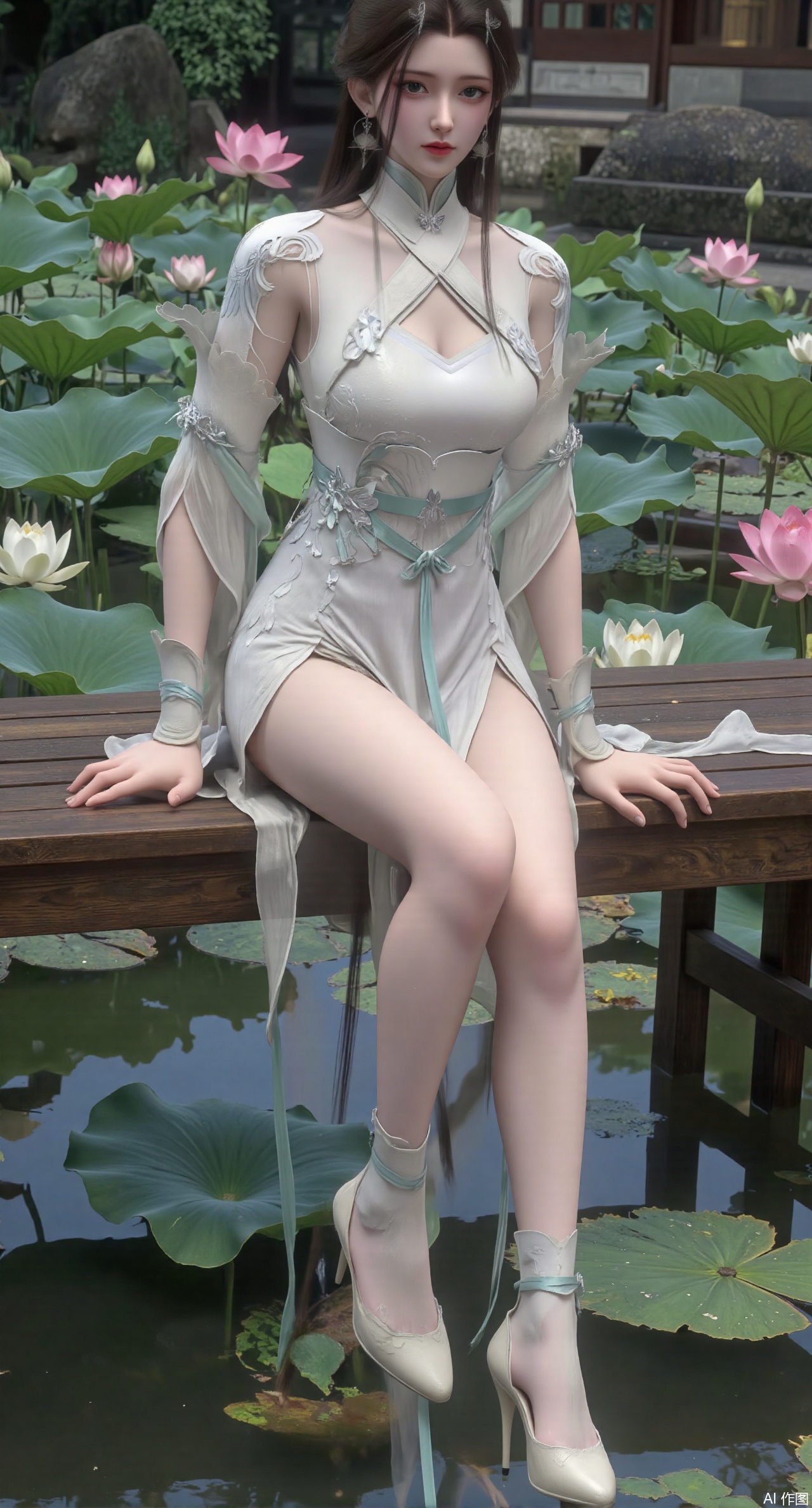 (masterpiece:1.2),best quality,The image is a digital illustration of a young woman sitting on a wooden bench in a pond with lily pads. She is wearing a long dress with design on the chest and sleeves. The dress has a high neckline and short sleeves,Holding a lotus in hand. She has long dark hair styled in loose waves and is wearing gold high heels. The woman is posing with one hand on her hip and the other resting on the edge of the bench. The background is filled with pink and white lotus flowers and green leaves. The overall mood of the image is peaceful and serene,(huge breasts:2.99),(full breasts:2.99),(Background with traditional Chinese architecture, lotus pond and pink lotus flowers:1.39),XyunyunXY,Xmeining,Xjiangziyue,Xweinina,Xyunxiao,Xxiaoqingxue