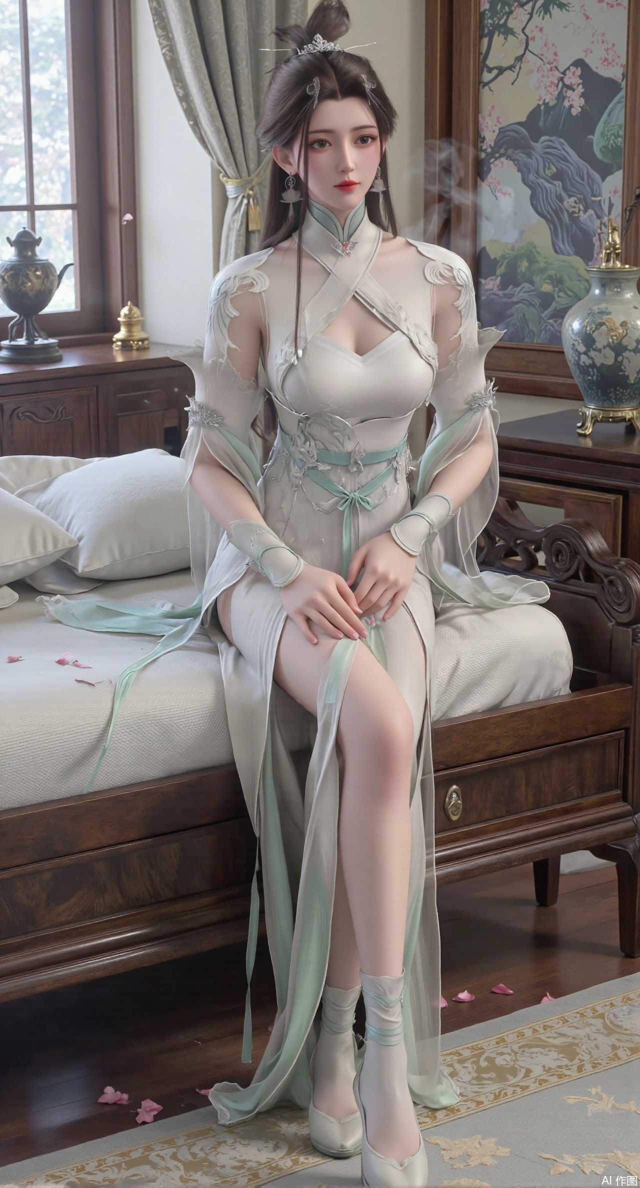 (masterpiece, best quality:1.2),Ancient Chinese boudoir scene, Hanfu dress ,sitting sideways on an intricately carved wooden bed, soft natural light filtering through sheer silk curtains, satin bedding with delicate sheen, detailed traditional Chinese Gongbi painting style, subtle celadon color palette, background featuring vintage dressing table and embroidered screen, falling plum blossom petals near window and wispy smoke from bronze incense burner, 8K resolution with intricate fabric draping and wood grain textures,,(huge breasts:2.99),(full breasts:2.99),,XyunyunXY,Xmeining,Xjiangziyue,Xweinina,Xyunxiao,Xxiaoqingxue