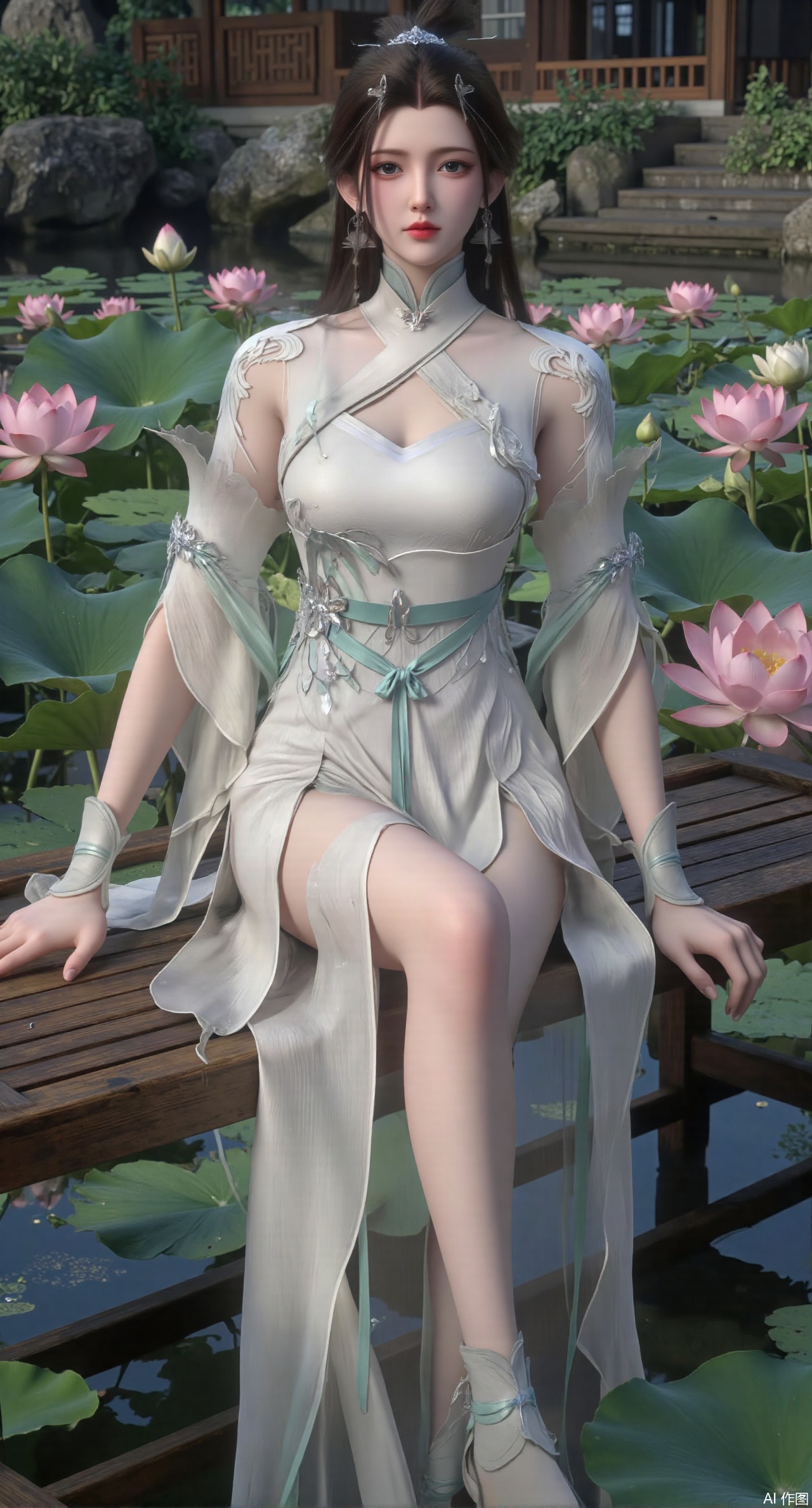 (masterpiece:1.2),best quality,The image is a digital illustration of a young woman sitting on a wooden bench in a pond with lily pads. She is wearing a long dress with design on the chest and sleeves. The dress has a high neckline and short sleeves,Holding a lotus in hand. She has long dark hair styled in loose waves and is wearing gold high heels. The woman is posing with one hand on her hip and the other resting on the edge of the bench. The background is filled with pink and white lotus flowers and green leaves. The overall mood of the image is peaceful and serene,(huge breasts:2.99),(full breasts:2.99),(Background with traditional Chinese architecture, lotus pond and pink lotus flowers:1.39),XyunyunXY,Xmeining,Xjiangziyue,Xweinina,Xyunxiao,Xxiaoqingxue