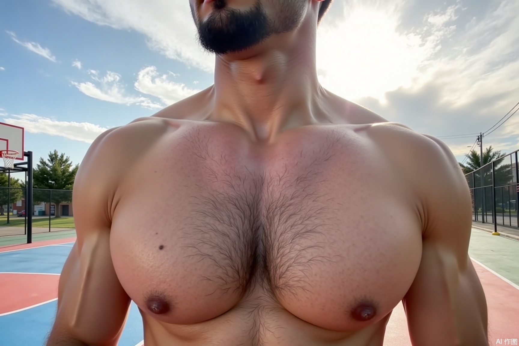 close up of well-developed pectorals. chest hair around the prominent nipples. Their is a hint of black shaved stubble on the chin, indicating the male gender.

The background is a faintly visible basketball court in blue and red color, with wispy of cloud in the sky. Morning sunlight pours from the above, creating stark contrast between light and shadow. The shooting angle is from the side. The overall atmosphere is daily and casual.